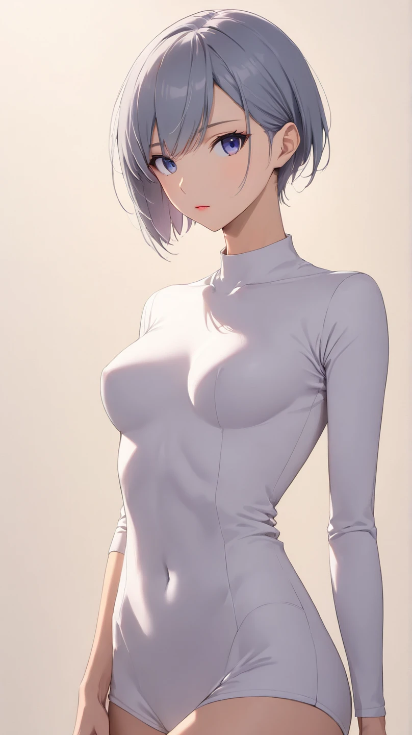 1woman, Beautiful Woman , blue hair , bob hair style , purple eyes , mature woman , white jumpsuit , over sized coller , Small chest, thigh gap
