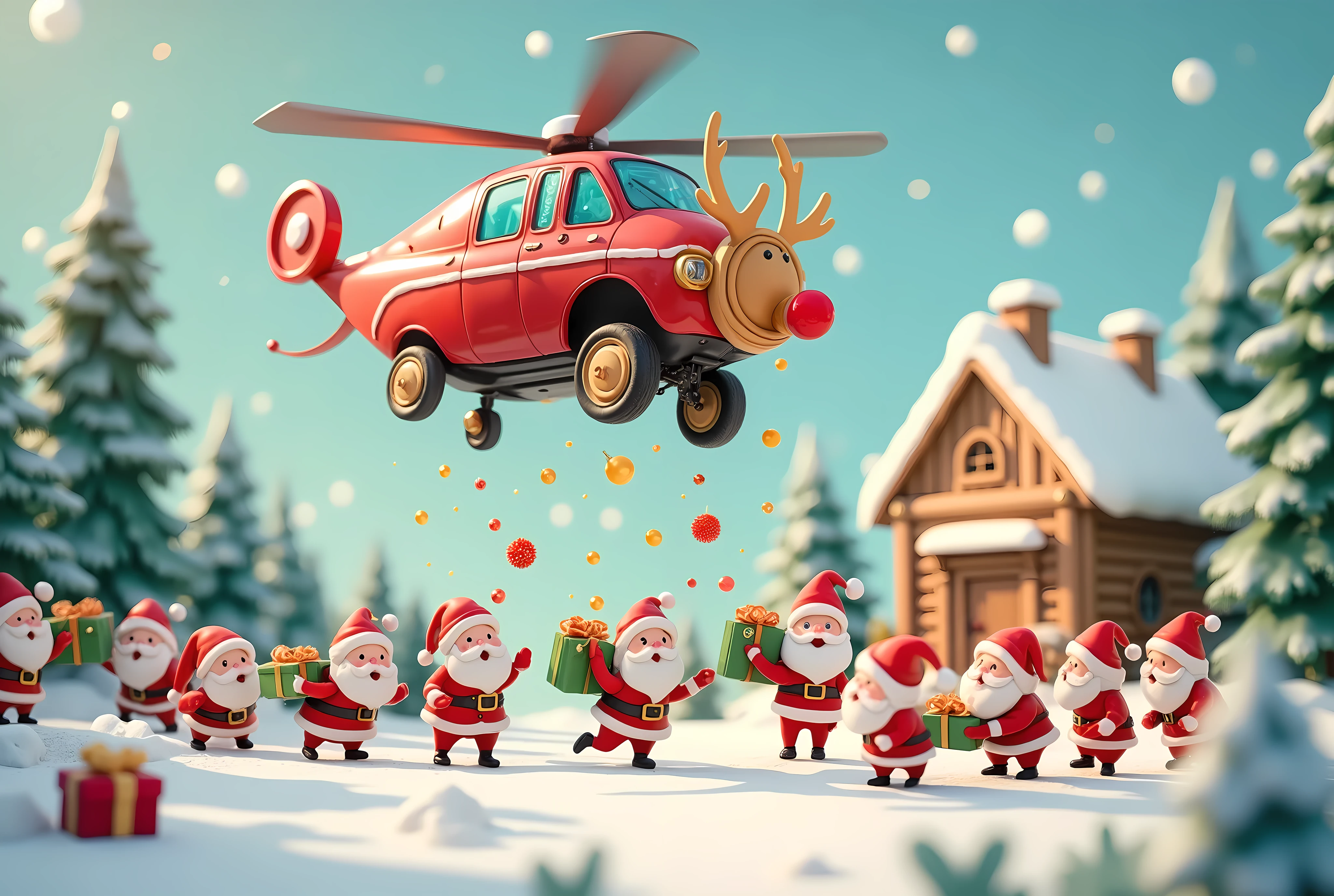 masterpiece:1.2,  highres icon:1.3, (Little Santa ,  lots of little Santa Claus:1.3, White Beard, つぶらなcute目, Santa's Red Outfit , Carrying presents ,  cooperate to carry, cute, A few people are falling :1.3), (Mecha reindeer helicopter:1.3,  Jet Injection ), Clay animation,  Santa Claus Village, Miniature-like log house , Vision, Shooting from the sky, coniferous forest,  gentle illustration