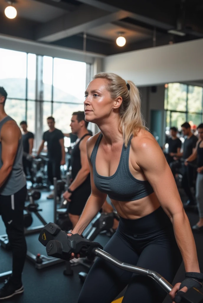 "A determined woman in her 50s, with a toned physique, working out at a bustling gym. The environment is vibrant, filled with people of different ages using various gym equipment. The woman is in the middle of a strength training routine, perhaps lifting weights or using resistance machines. She wears athletic gear, such as a tank top and leggings, and has a confident expression as she focuses on her workout. The gym features modern equipment, bright lighting, and large windows with sunlight streaming in, creating a dynamic and energetic atmosphere."