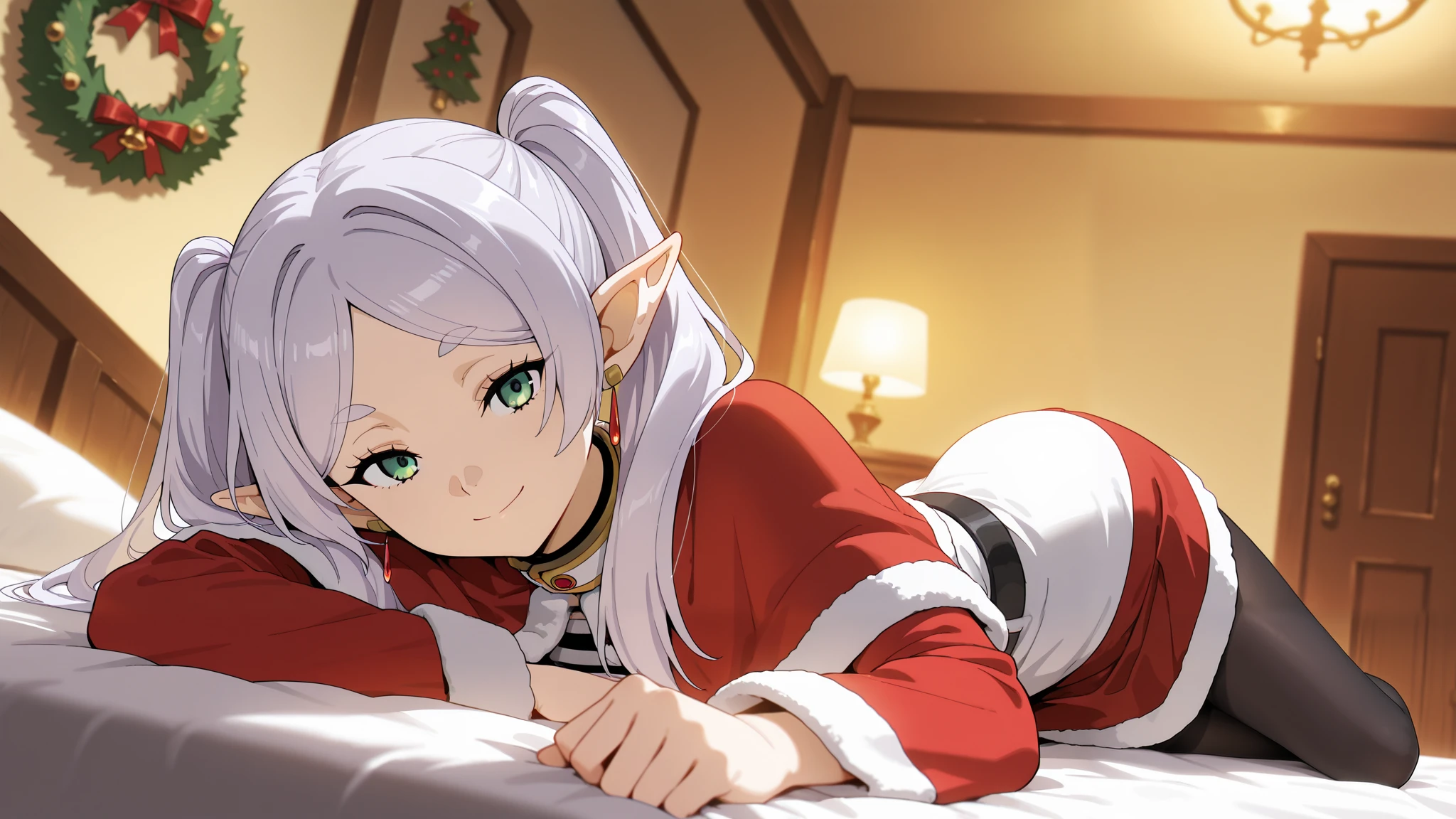 (masterpiece), best quality, absurdres, very aesthetic, nice hands, 1 girl,zzFrieren, long hair, smile,  twintails, green eyes, grey hair, pointy ears, elf, zzFrieren, long hair, twintails, green eyes, grey hair, pointy ears, elf, shirt, long sleeves, jewelry, earrings, capelet, (masterpiece), red skirt, christmas, santa costume, room decoration, christmas decorated room,on the horizontal bed ,pose in bed, white skirt, black pantyhose,