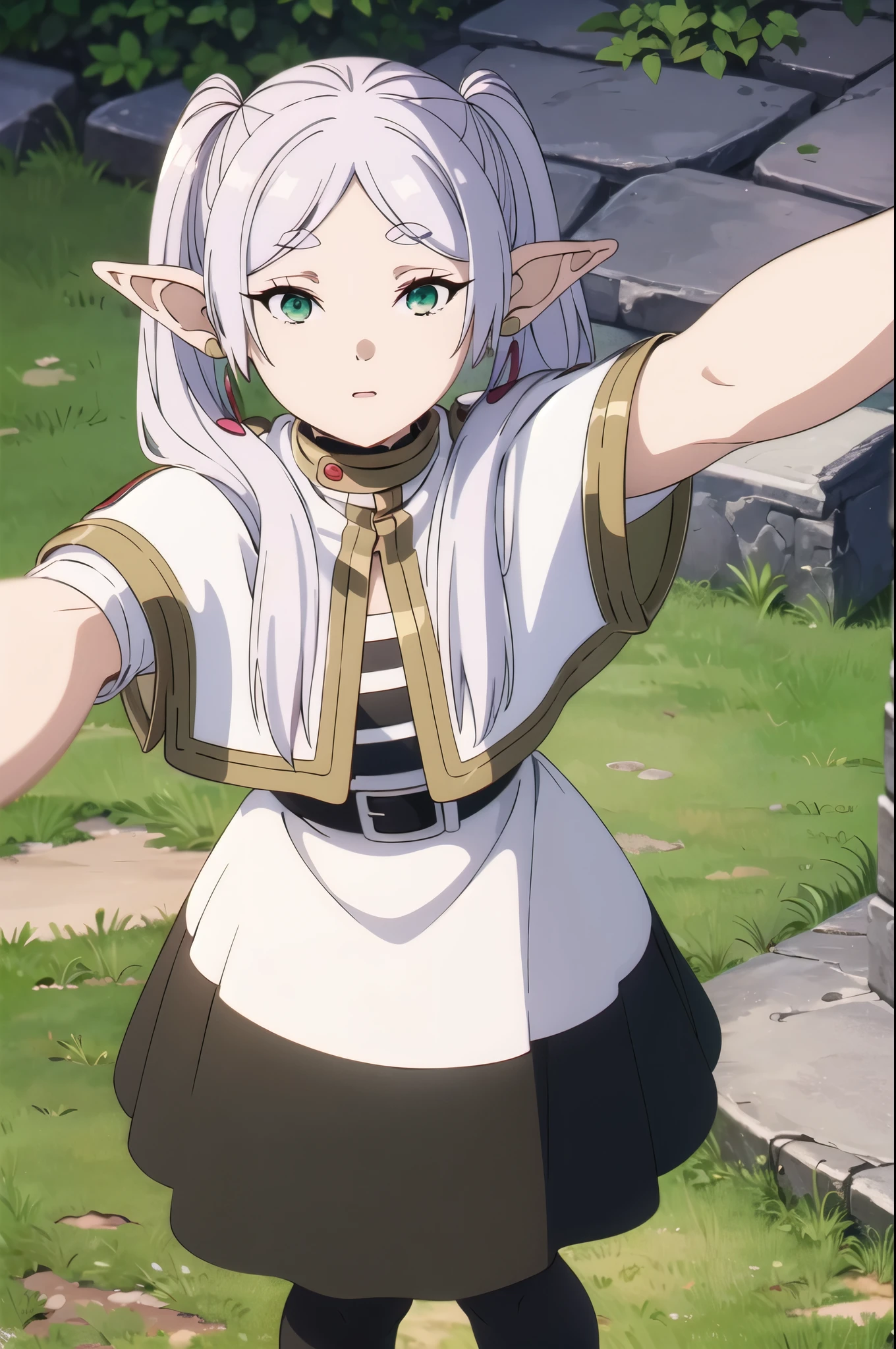 masterpiece, best quality, (illustration), close-up, solo, sexy, Frieren, pointy ears, twintails, green eyes, elf, long hair, white hair, thick eyebrows, parted bangs, breasts, standing