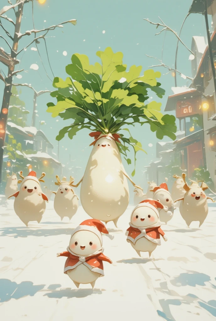 daikon characters wearing Santa costumes , super cute daikon characters are being chased by reindeer。 daikon characters are running away in a hurry 。 reindeer want to eat daikon 。 reindeer running while drooling 。