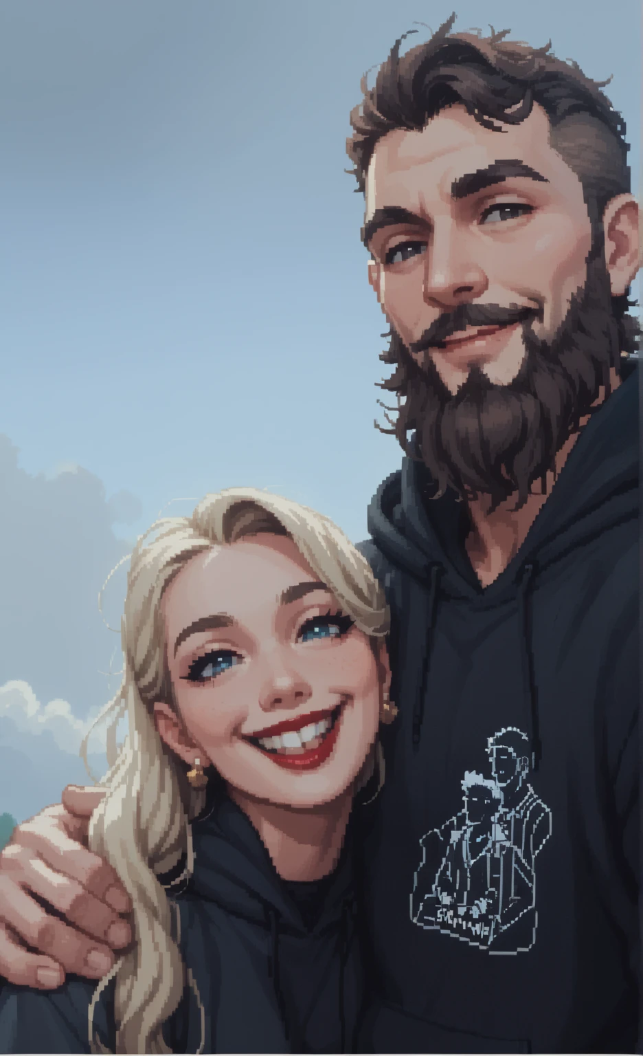 create a 8-bit pixel art cartoon of A casual and happy portrait of a couple standing outdoors under an overcast sky. The woman has long blonde hair, a bright red lipstick smile, and is wearing a black hoodie with minimalist line art embroidered on it. The man, taller with a thick dark beard and neatly styled hair, also wears a matching black hoodie featuring the same embroidered line art. The woman is leaning into the man with her arm around his shoulder, exuding warmth and joy. The background is soft and cloudy, enhancing the cozy and affectionate mood.