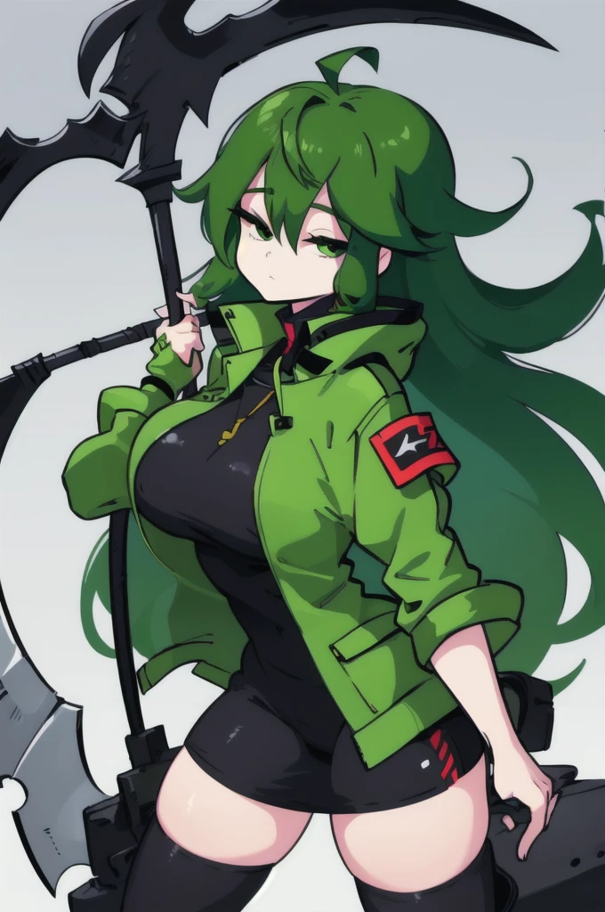  1male, solo, bigchest, feminine, white skin, green eyes, green sclera, ahoge, absurdly long hair, green hair, expressionless, green gauntlets, Holding Scythe, green scythe, inky scythe, hair over eyes, hair between eyes, (green jacket:1.1), Electric, energetic, mystical, playful, cute, dangerous, godlike, cute, chaotic, enormous breasts, enormous thighs