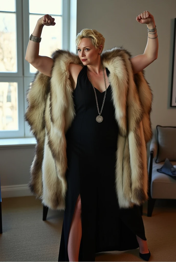 avant garde photography of a muscular middle aged woman as a ((butcher)) with ((lob haircut)) In a fur ensemble,  either faux or real,  exuding luxury and warmth,  dressed in black sleeveless dress,  black heels,  silver bracelet,  silver necklace,  bright room,  modern furniture,  large window,  arms raised,  elbows bent,  flexing biceps,  confident stance,  eye-level shot,  centered subject,  portrait orientation,  fashion photography,  (detailed face:1.3),  disintegrating moon,  flat color scheme,  artificial lighting,  (fisheyes view:1.1),  shot on Panasonic Lumix S5 with Lumix S PRO 70-200mm f-2.8 O.I.S,  photo by James Balog 