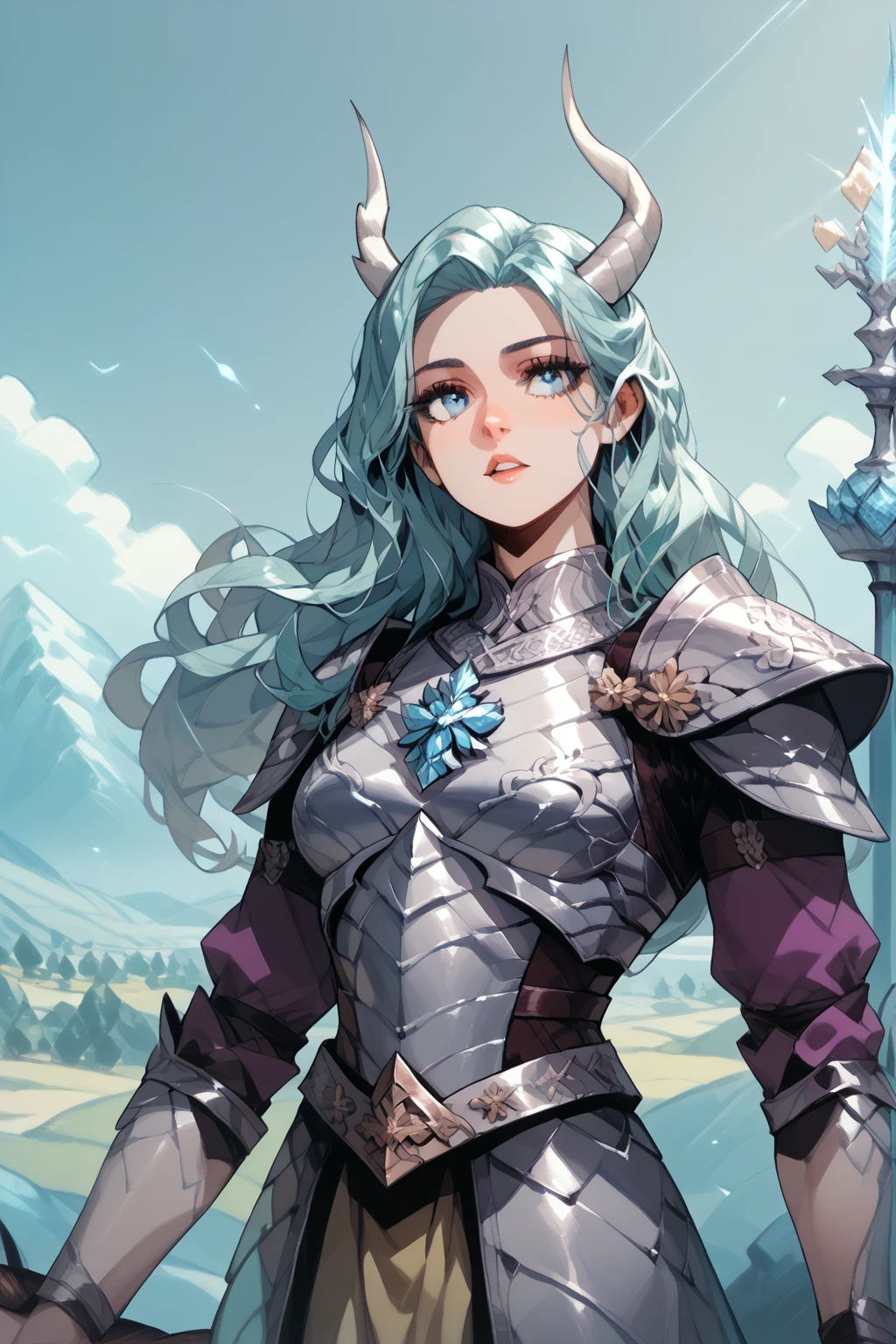 Draconiano, high, muscular,  long hair , seeds, metallic silver color ,  shimmering silver scales ,  light blue eyes ,  with simple silver medieval armor with blue details, Pose Noble,  on an icy mountain with Northern Lights in the sky . High resolution ,  masterpiece , 