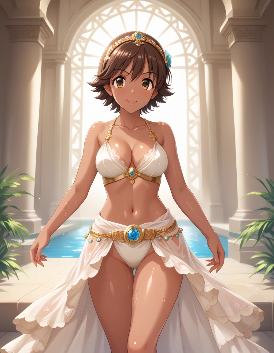 In ancient palace,1 girl is walking.honda mio,(dark skin:1.1) oiled skin,blush,smile,bare arms,collarbone,cleavage,navel,groin,bare thigh,her face is blush,beautiful girl, cute girl,hyper_beautiful_detailed_game_CG ,source_anime, A beautiful young girl standing gracefully, wearing a simple, ancient African-inspired white outfit. The outfit is modest yet elegant, made from natural, earthy fabrics with geometric patterns and a belt made of beads and woven fibers. A woman stands confidently in the lush garden of a magnificent palace, with a strong yet graceful posture. Her brown hair is adorned with vibrant flowers that complement her regal look. Her eyes, sharp and determined, convey a sense of both power and compassion. The surrounding tropical landscape is bursting with vivid colors, where the sunlight bathes the scene in a warm, golden glow.,oiled skin,score_9,score_8_up,score_7_up,score_6_up,shiny skin,wet skin
