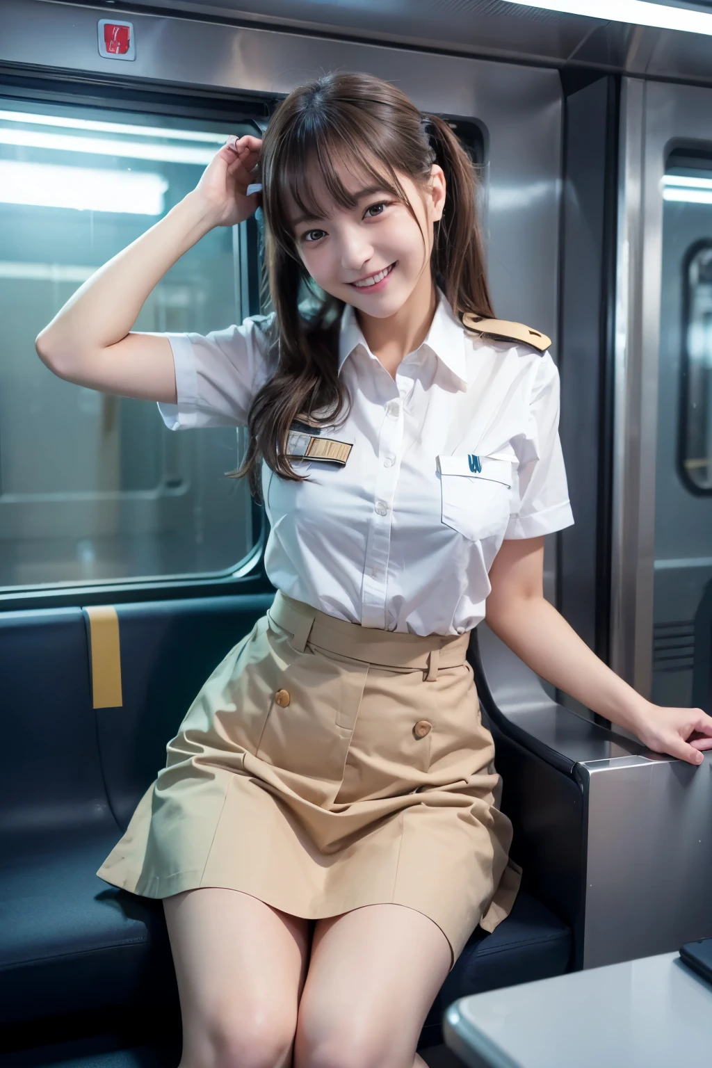 top quality, masterpiece, super high resolution, (reality: 1.4), Original photo, one girl, mature, JK uniform in white , Happy smile, , crouches on a train seat, movie lighting