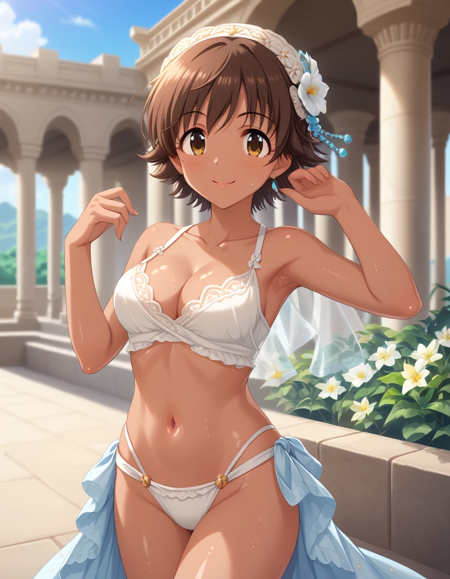 In ancient palace,1 girl is walking.honda mio,(dark skin:1.1) oiled skin,blush,smile,bare arms,collarbone,armpit,cleavage,navel,groin,bare thigh,her face is blush,beautiful girl, cute girl,hyper_beautiful_detailed_game_CG ,source_anime, A beautiful young girl standing gracefully, wearing a simple, ancient African-inspired white outfit. The outfit is modest yet elegant, made from natural, earthy fabrics with geometric patterns and a belt made of beads and woven fibers. A woman stands confidently in the lush garden of a magnificent palace, with a strong yet graceful posture. Her brown hair is adorned with vibrant flowers that complement her regal look. Her eyes, sharp and determined, convey a sense of both power and compassion. The surrounding tropical landscape is bursting with vivid colors, where the sunlight bathes the scene in a warm, golden glow.,oiled skin,score_9,score_8_up,score_7_up,score_6_up,shiny skin,wet skin
