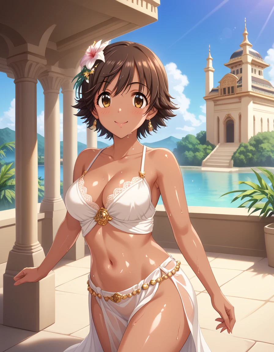 In ancient palace,1 girl is walking.honda mio,(dark skin:1.1) oiled skin,blush,smile,bare arms,collarbone,armpit,cleavage,navel,groin,bare thigh,her face is blush,beautiful girl, cute girl,hyper_beautiful_detailed_game_CG ,source_anime, A beautiful young girl standing gracefully, wearing a simple, ancient African-inspired white outfit. The outfit is modest yet elegant, made from natural, earthy fabrics with geometric patterns and a belt made of beads and woven fibers. A woman stands confidently in the lush garden of a magnificent palace, with a strong yet graceful posture. Her eyes, sharp and determined, convey a sense of both power and compassion. The surrounding tropical landscape is bursting with vivid colors, where the sunlight bathes the scene in a warm, golden glow.,oiled skin,score_9,score_8_up,score_7_up,score_6_up,shiny skin,wet skin
