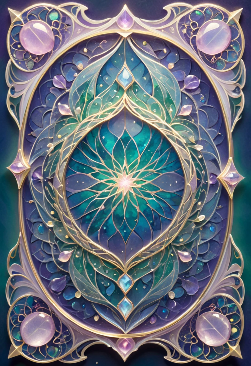 Five floating tarot cards arranged in a gentle arc, each with unique mystical backing designs. Art style: Detailed ornamental patterns with Art Nouveau influences, magical glow effects.

Card 1 - Sapphire Wisdom:
Deep blue background with intricate celestial patterns. Sapphire crystals emerging from corners, emanating soft blue light. Sacred geometry patterns in silver. Ethereal starlight effects.

Card 2 - Rose Quartz Heart:
Soft pink backing with flowing, romantic patterns. Rose quartz crystals pulsing with gentle pink light. Heart-shaped sacred geometry in gold. Warm, loving glow.

Card 3 - Amethyst Spirit:
Royal purple background with spiritual mandala patterns. Amethyst points creating crown-like formation. Mystical symbols in silver. Dream-like purple aura.

Card 4 - Emerald Nature:
Deep green backing with organic, vine-like patterns. Emerald crystals growing from edges. Nature-inspired sacred geometry in gold. Living, breathing green energy.

Card 5 - Moonstone Mystery:
Pearlescent white backing with flowing lunar patterns. Moonstone cabochons with rainbow sheen. Circular sacred geometry in silver. Ethereal moonlight glow.

Additional details:
- Each card appears to float
- Crystal elements seem three-dimensional
- Patterns shift subtly in the light
- Metallic accents in gold and silver
- Soft magical glow surrounds each card