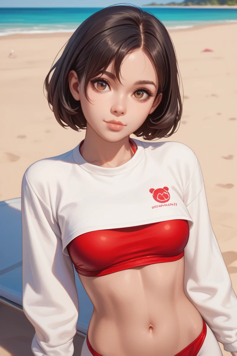 1girl, cute, young woman, adult, medium-short hair, lips, soft face, ebony girl, dark skin, at the beach, closed mouth, brown eyes, black hair, long sleeve black tight crop top, red bikini panties