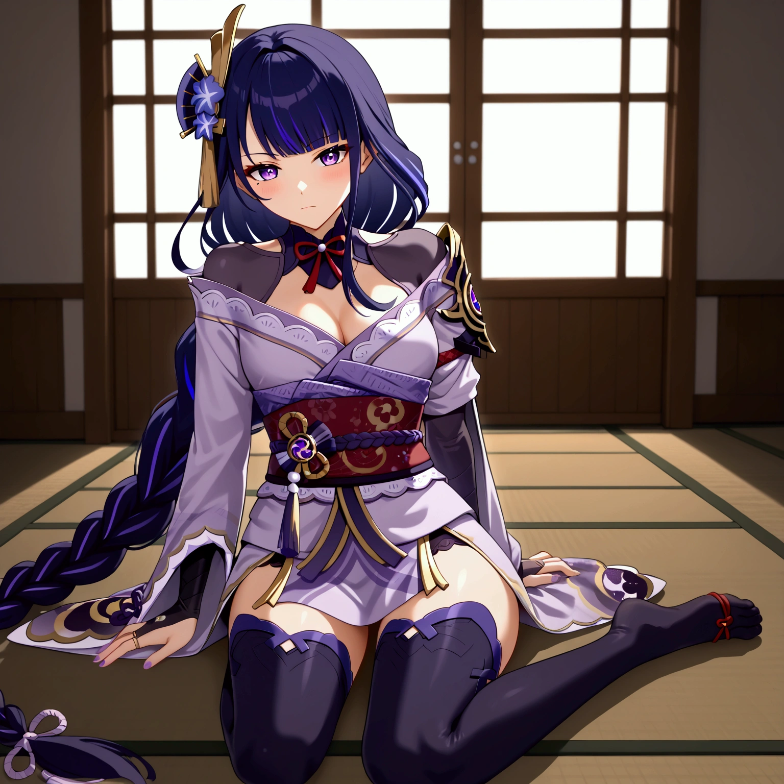 raiden_shogun_ckxl, long hair,streaked hair,two-tone hair,sidelocks,hair ornament,highres,blunt bangs,bridal gauntlets,long sleeves,low ponytail,short kimono,shoulder armor, thighhighs, Sit, Room, Displeased face, Beautiful view, good atmosphere