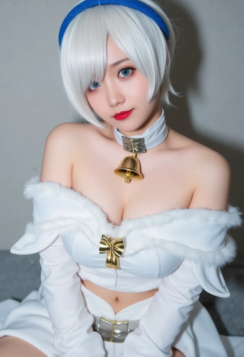 1girl solo breasts looking at viewer short hair blue eyes large breasts dress bare shoulders white hair hairband detached sleeves mole hair over one eye lips fur trim cosplay bell christmas mole under mouth yorha no. 2 type b