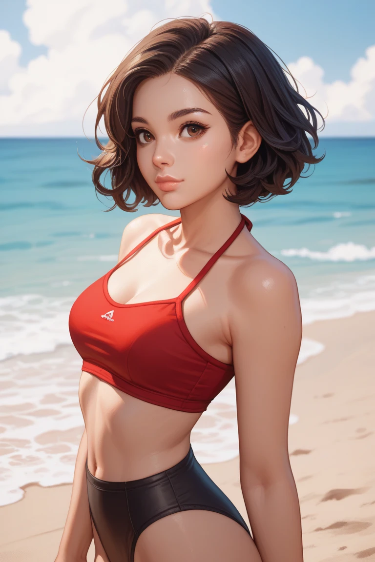 1girl, cute, young woman, adult, medium-short hair, lips, soft face, ebony girl, dark skin, at the beach, closed mouth, brown eyes, black hair, long sleeve black tight crop top, red bikini panties