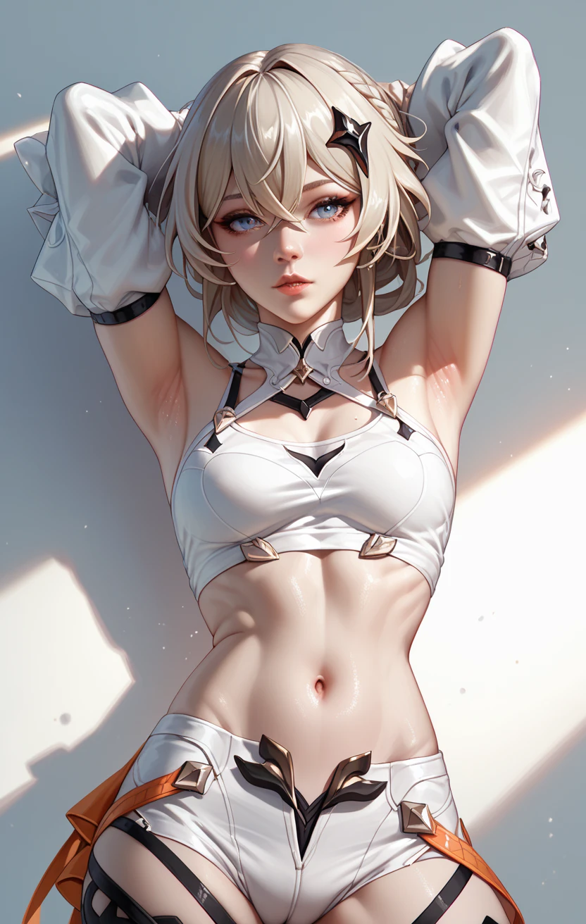 1girl, Kafka from honkai star rail, wearing cropped tank top, wearing plain white cropped tank top, cropped tank top, white cropped tank top , open crotch, white, ,armpits