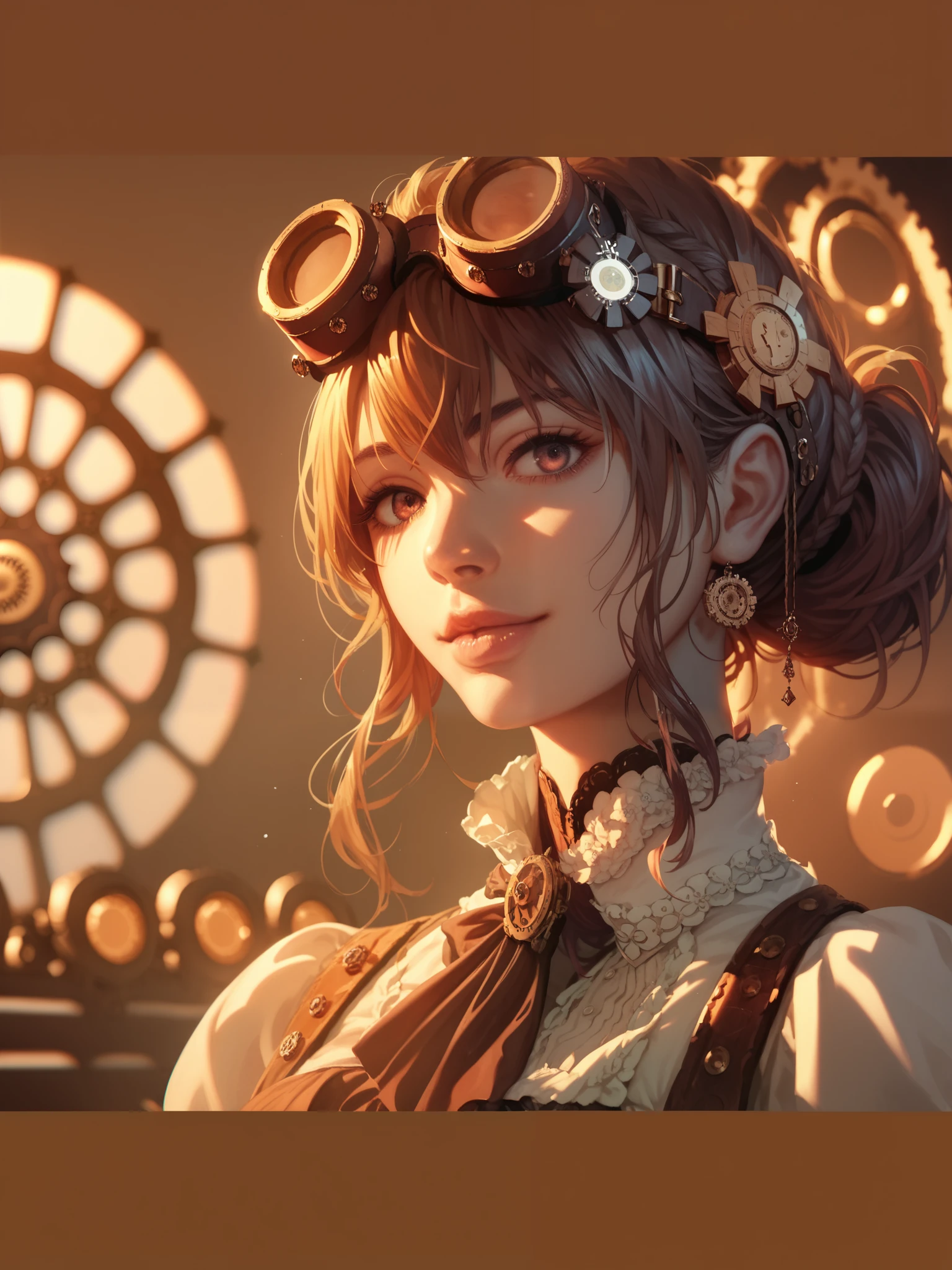 1girl, female, headshot, steampunk, detailed background, warm hues, detailed, semi-realism, cinematic lighting, good lighting and shadows, gorgeous, beautiful, anime, super detailed,High Resolution, 