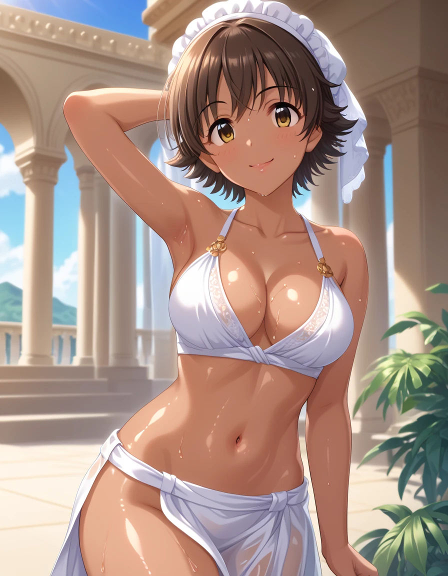 In ancient palace,1 girl is walking.honda mio,(dark skin:1.1) oiled skin,blush,smile,bare arms,collarbone,armpit,cleavage,navel,groin,bare thigh,her face is blush,beautiful girl, cute girl,hyper_beautiful_detailed_game_CG ,source_anime, A beautiful young girl standing gracefully, wearing a simple, ancient African-inspired silver outfit. The outfit is modest yet elegant, made from natural, earthy fabrics with geometric patterns and a belt made of beads and woven fibers. A woman stands confidently in the lush garden of a magnificent palace, with a strong yet graceful posture. Her eyes, sharp and determined, convey a sense of both power and compassion. The surrounding tropical landscape is bursting with vivid colors, where the sunlight bathes the scene in a warm, golden glow.,oiled skin,score_9,score_8_up,score_7_up,score_6_up,shiny skin,wet skin
