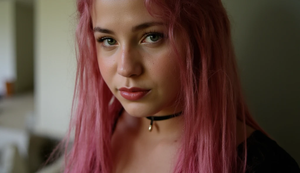 a full white instagram influencer with medium pink hairs, hazel eyes, wearing black tee shirt, realistic photography,photorealistic