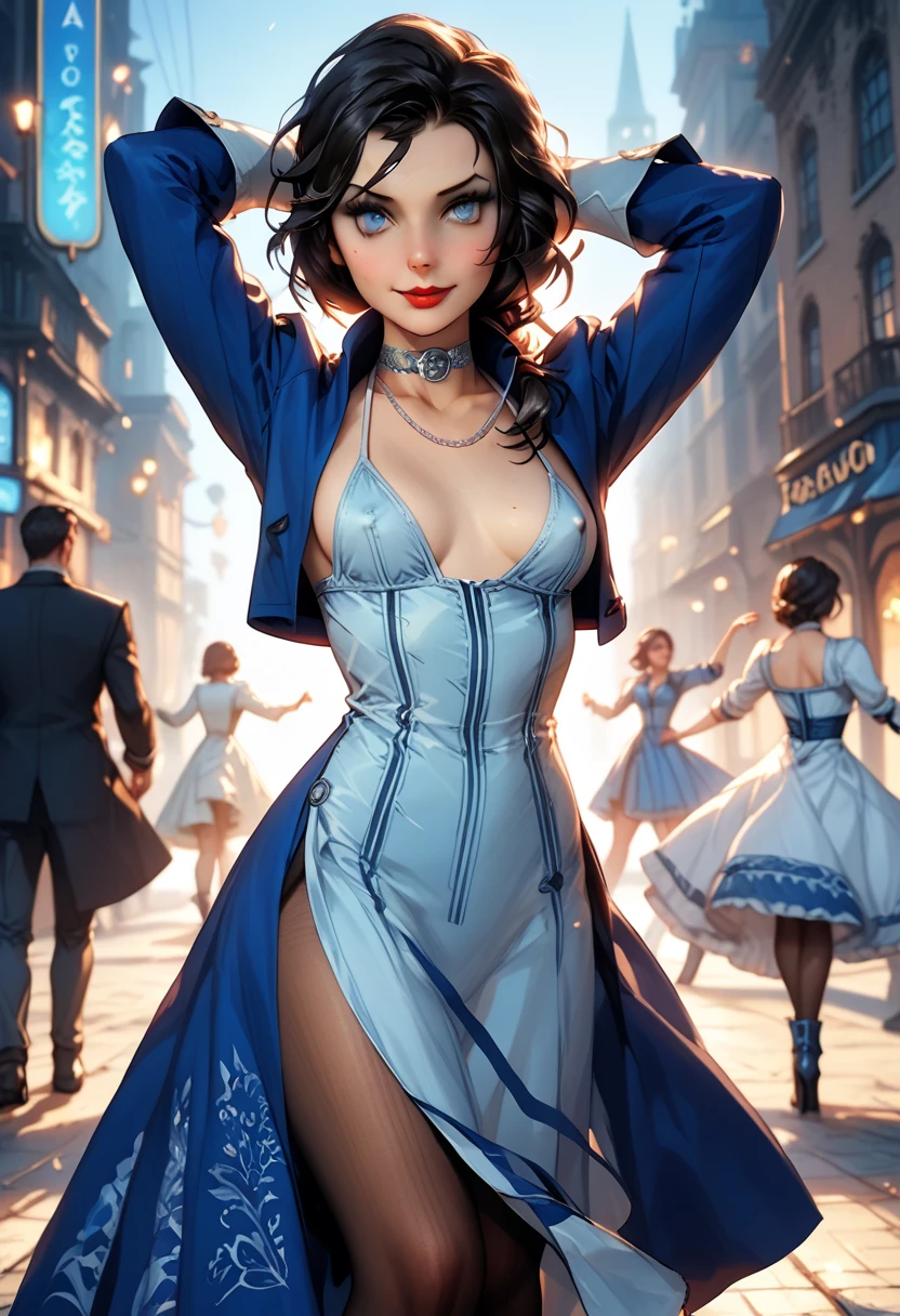 1woman, ((solo)), Elizabeth Comstock from "Bioshock Infinite", dark hair, (long loose hair gathered in a low ponytail), pale skin, blue eyes, red lips, light smile, (small breasts), erect nipples;; (cameo choker necklace), (wearing a blue bolero 3/4 cropped jacket:1.27), micro bikini top under jacket, (wearing a long blue a-line dress:1.42), (high front slit in dress:1.32), opaque pantyhose, heeled boots;; (cropped at knees:1.37), contrapposto stance, (dancing poses:1.27);; on the street of an art deco city;; ELIZABETH2 