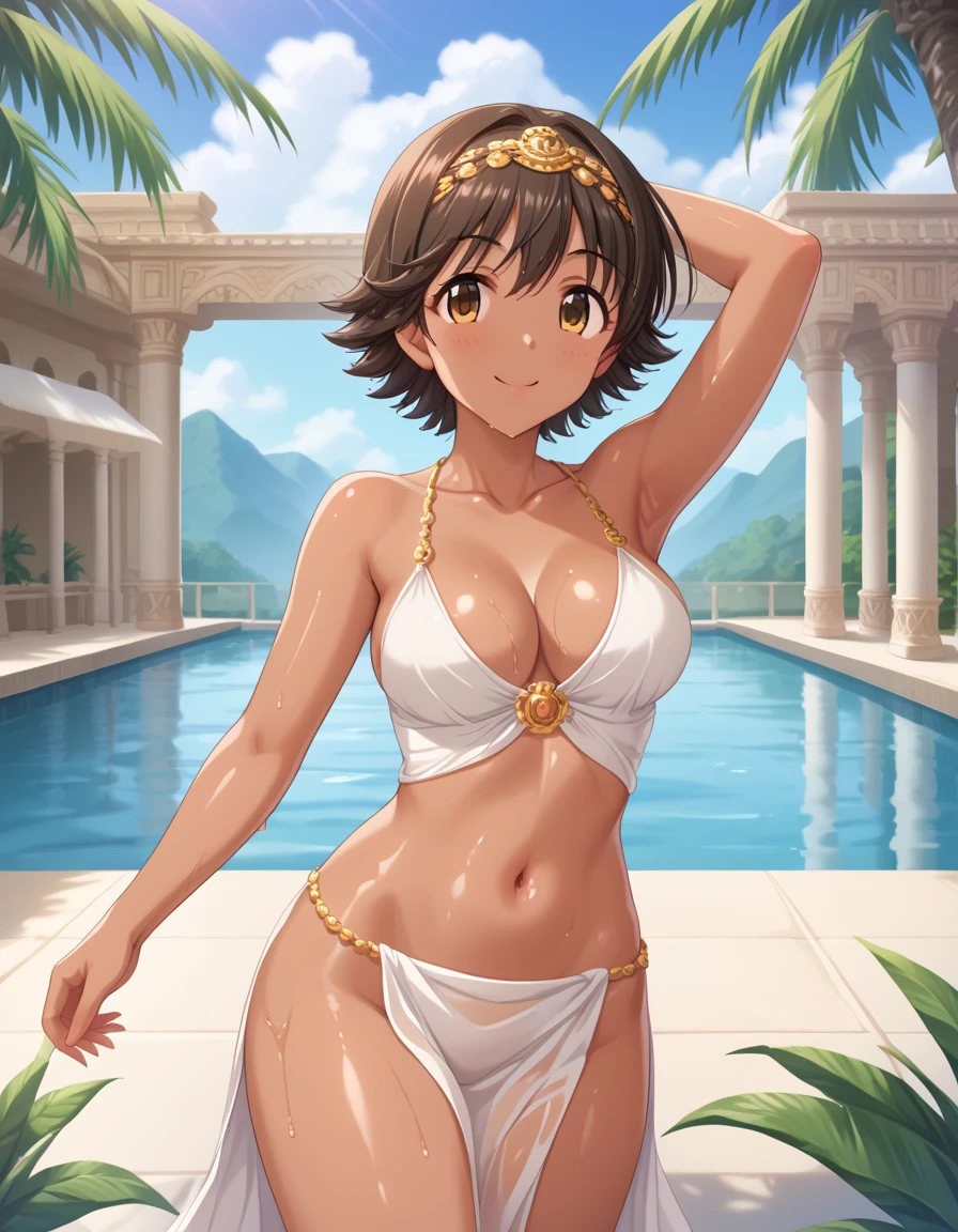 In ancient palace,1 girl is walking.honda mio,(dark skin:1.1) oiled skin,blush,smile,bare arms,collarbone,armpit,cleavage,navel,groin,bare thigh,her face is blush,beautiful girl, cute girl,hyper_beautiful_detailed_game_CG ,source_anime, A beautiful young girl standing gracefully, wearing a simple, ancient African-inspired silver outfit. The outfit is modest yet elegant, made from natural, earthy fabrics with geometric patterns and a belt made of beads and woven fibers. A woman stands confidently in the lush garden of a magnificent palace, with a strong yet graceful posture. Her eyes, sharp and determined, convey a sense of both power and compassion. The surrounding tropical landscape is bursting with vivid colors, where the sunlight bathes the scene in a warm, golden glow.,oiled skin,score_9,score_8_up,score_7_up,score_6_up,shiny skin,wet skin
