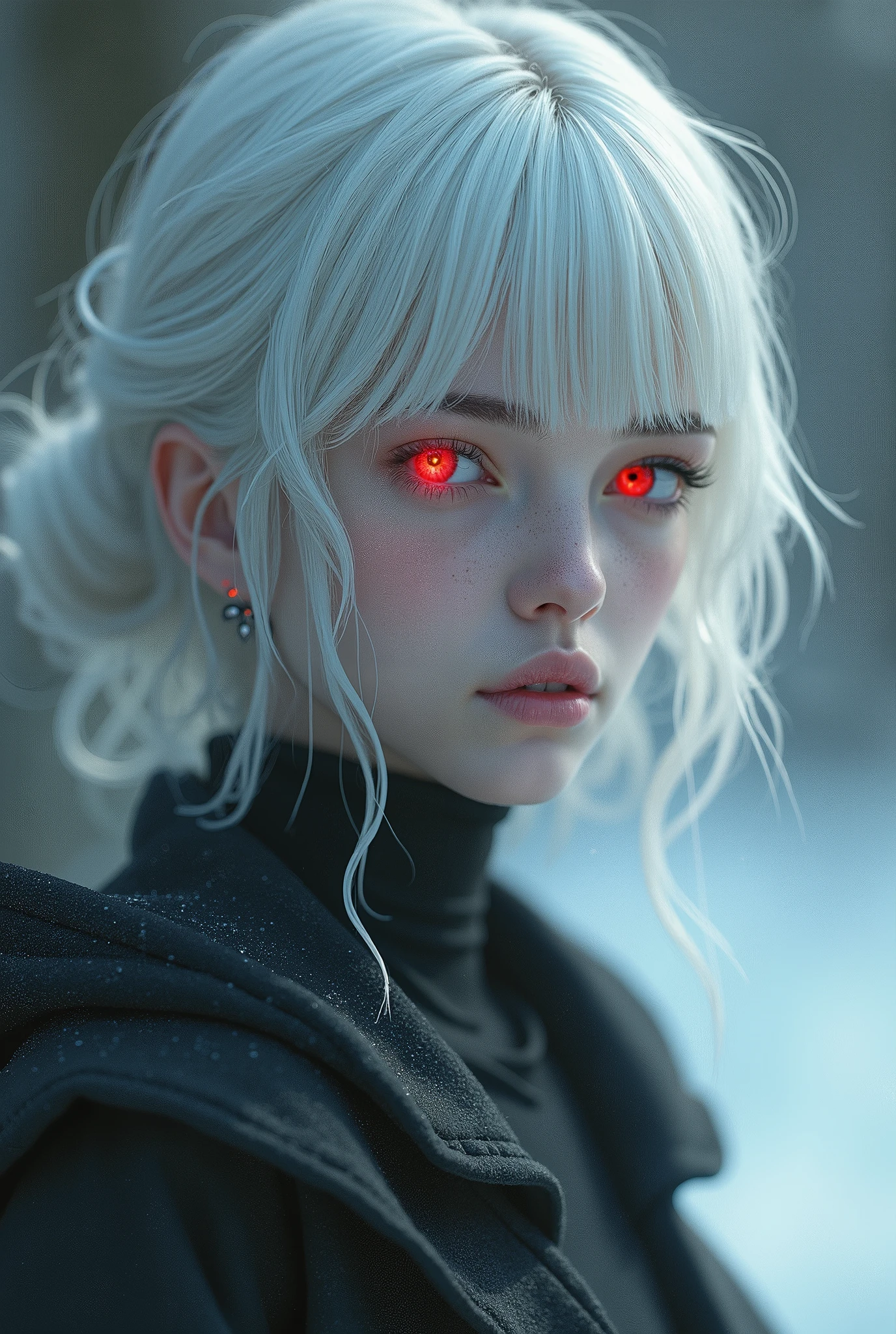 A beautiful  female teenager with short white hair wearing a white cape with red eyes 