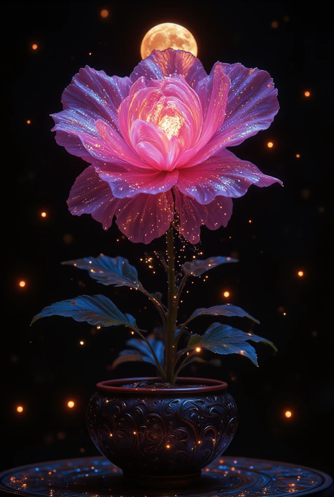 Mysterious flower, very beautiful pink, imagination, each petal, silver sand stands out, falling on the image like stars, amazing magic, full moon shining on the flower growing from a small patterned porcelain vase, 8 k masterpiece, intricate details, bright colors, rich colors, best quality.