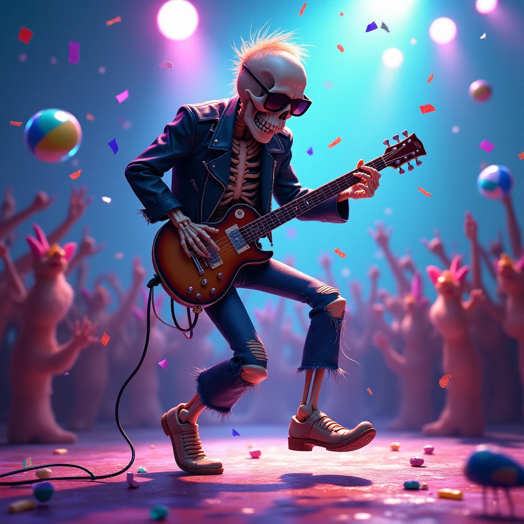 squeleton, punk rock star, drums musician, energetic jumping pose, miniature drum set, bright stage lights, psychedelic neon colors, fishnet stocking, ripped denim, leather jacket, sunglasses, headbanging, excited crowd, beach balls, confetti, sea creatures cheering, ocean-inspired instruments, vibrant underwater scene, dreamy atmosphere