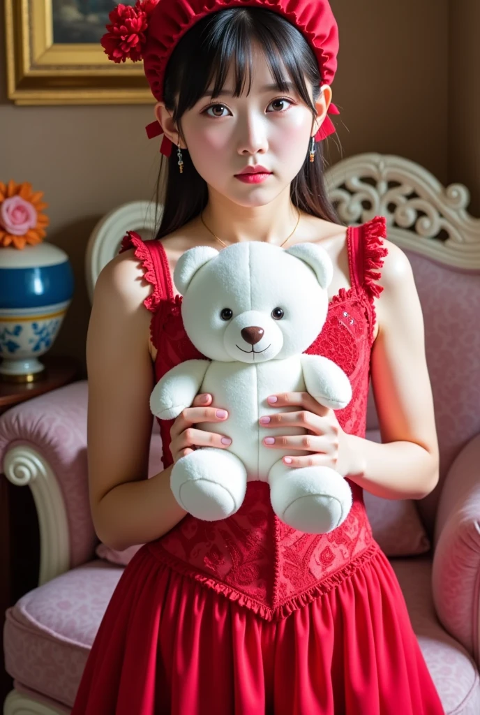 Age 25、A woman in a red sexy dress and hat is holding a white teddy bear, embarrassed smile:1.3、 Album cover inspired by Fujiwara Takanobu, Tumbler, Renaissance,  Lolita Style ,  Lolita Fashion, Loli Dress, rococo ruffle dress, , Ruffled Costume, victorian gothic  Lolita Fashion,  romantic dress, Pale red, Fairy Core,  Maid Dress