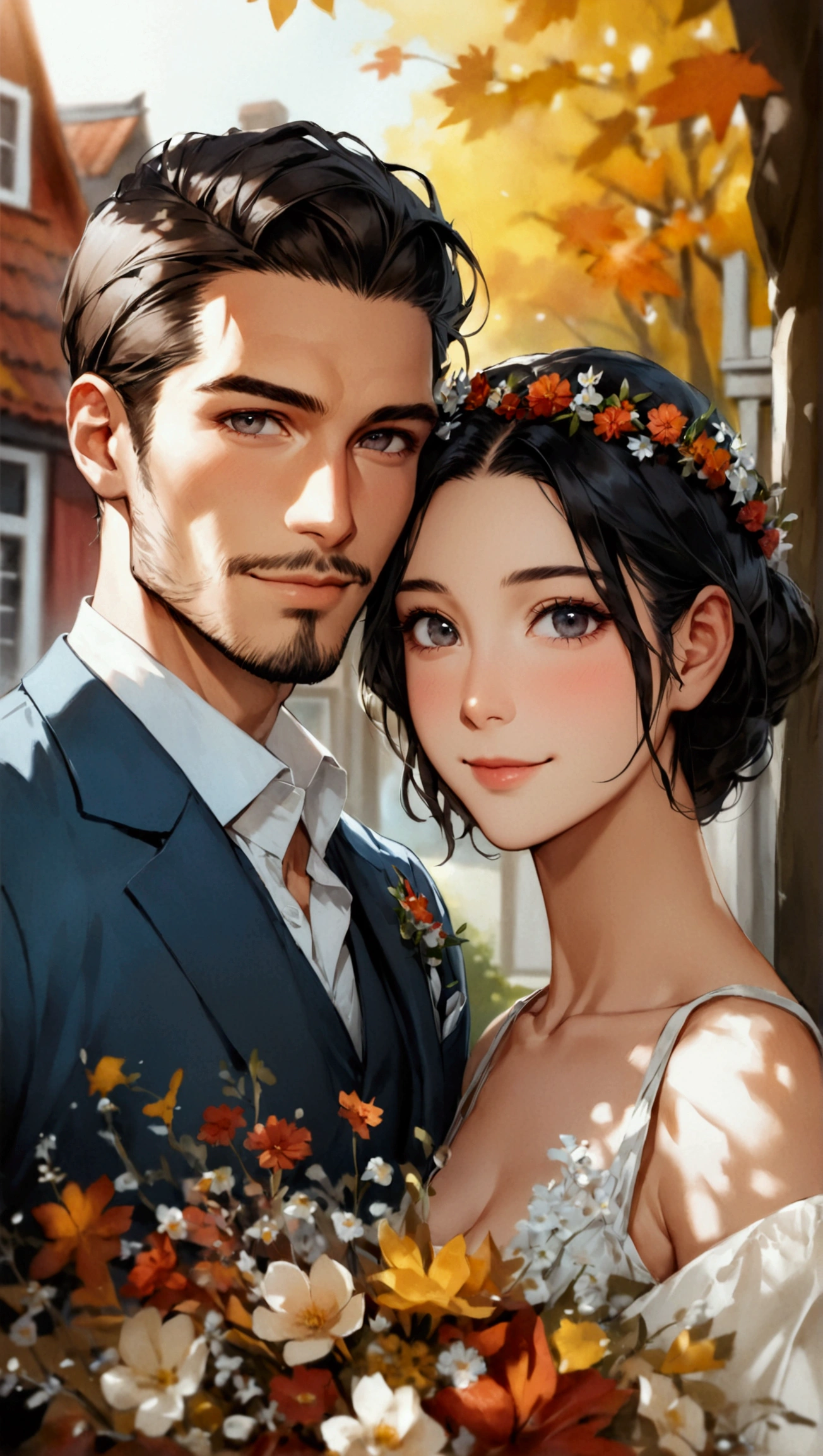 Portray a full shot of an international couple in cinematic vibe, accentuating a hopeful and blissful future for their engagement. Exuding affection, he and she are looking directly at the camera with a gentle and confident smile, set against the backdrop of a cozy Dutch colonial-style house with autumn sky. The couple features a European man in his thirties and a Japanese woman in her twenties. He has black eyes, oblong face, dark blonde hair in classic back, neatly groomed beard and a strong athletic physique. While his Japanese fiancé has a beautiful oval face, defined by low cheekbones, gentle black eyes, prominent nose, framed by long silky black hair. He is dressed in a fine light-blue suit . She is wearing a tube top holding a bouquet of flowers, radiating her youthful charm. ((dark blonde hair)), (classic slick back), ((interracial couple)), ((full shot)), (smile), ((looking at viewer)), flower crown, highly detailed, intricate, best quality, (oval face), wide view