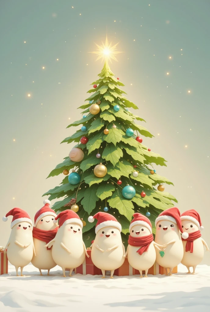 a group of daikon characters at a christmas party, cute, adorable, happy, cheerful, festive decorations, christmas tree, presents, snow, winter, detailed, 8k, photorealistic, high quality, vibrant colors, soft lighting, warm tones