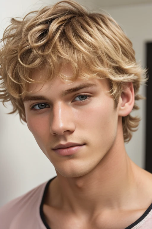 Handsome eighteen man, golden blond, Curly fringe, fade, soft skin, shave face, musular, white wall, face close-up