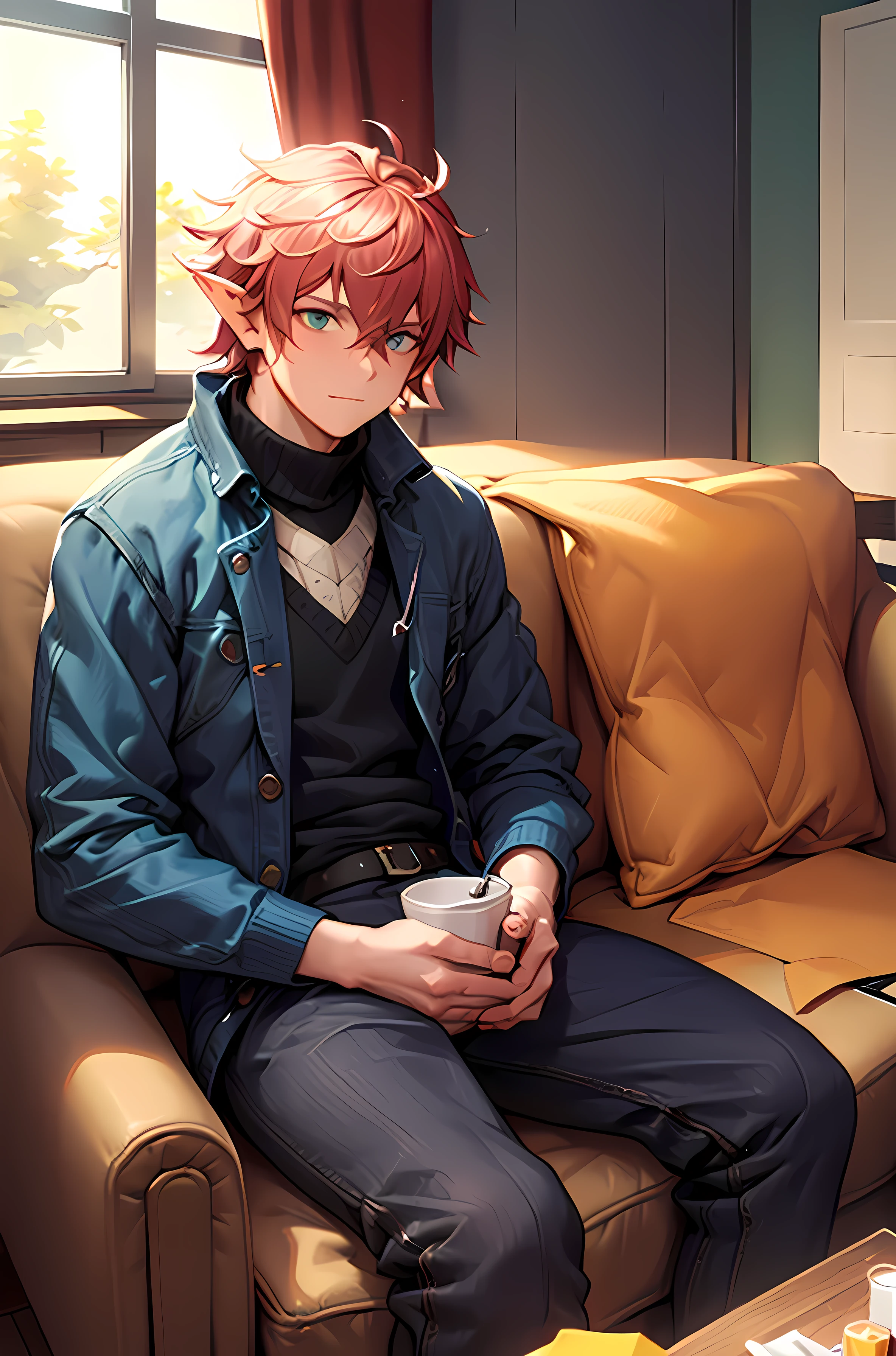 (masterpiece), (high quality), (good anatomy), one man, 30 year old, pink short hair, fluffy, messy hair, green left eye, blue right eye, pointy ears, masculine body, masculine face, sharp jawline, bluish clothes, blue with white stripes, sitting on the couch in a cozy room, there is window in the background, the season is winter