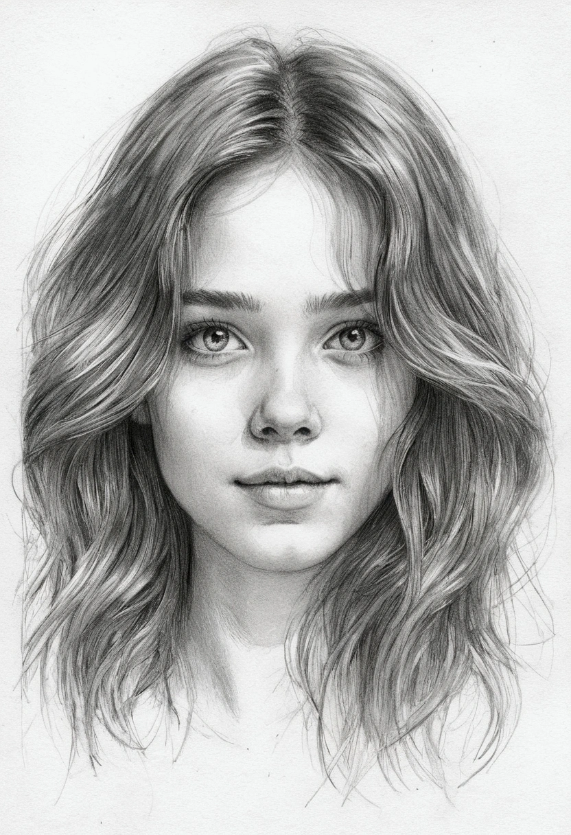 A charming , depicted in a soft pencil sketch style, focusing on the upper body. The  has expressive, curious eyes, a warm smile, and slightly tousled hair. The background is minimalistic, enhancing the intimate and artistic feel of the portrait. The sketch conveys a sense of innocence and wonder, with gentle shading and delicate line work