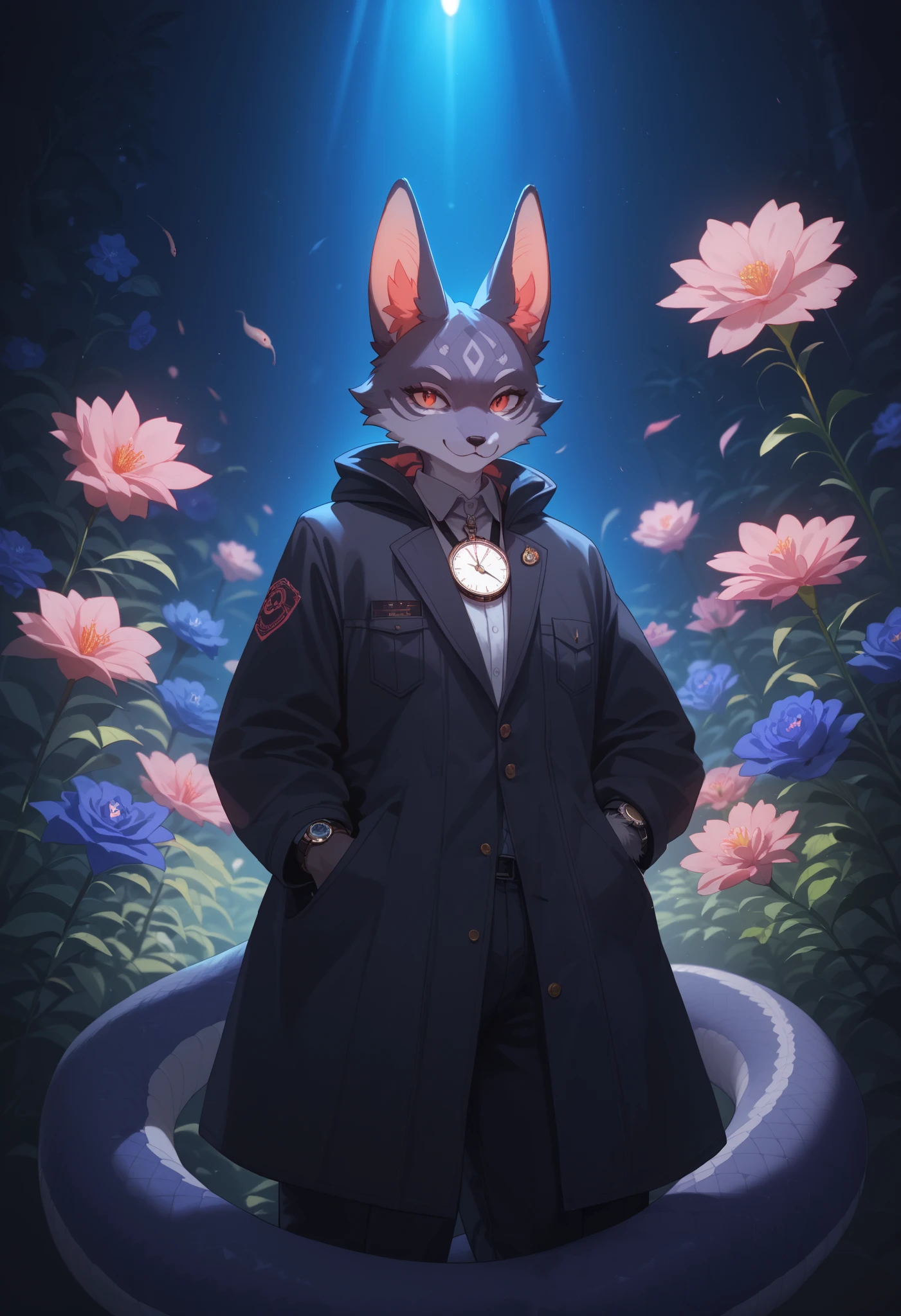 (best quality, high resolution, ultra-detailed)silhouett(kemono, furry anthro)holding striking pocket watch, surrounded by flowers, snakes and darkness, illustrative rendering, intricate details, mysterious atmosphere, vibrant colors, dynamic lighting , Gothic style,