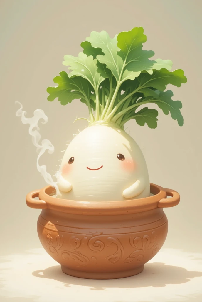 a cute anime style character of a daikon radish relaxing in a traditional clay pot, beautiful detailed eyes, beautiful detailed lips, extremely detailed face and features, long eyelashes, whimsical, playful, smiling expression, intricate detailed clay pot, steam rising, warm lighting, pastel color palette, soft textured background, (best quality,4k,8k,highres,masterpiece:1.2),ultra-detailed,(realistic,photorealistic,photo-realistic:1.37),vibrant colors,dynamic composition,studio lighting