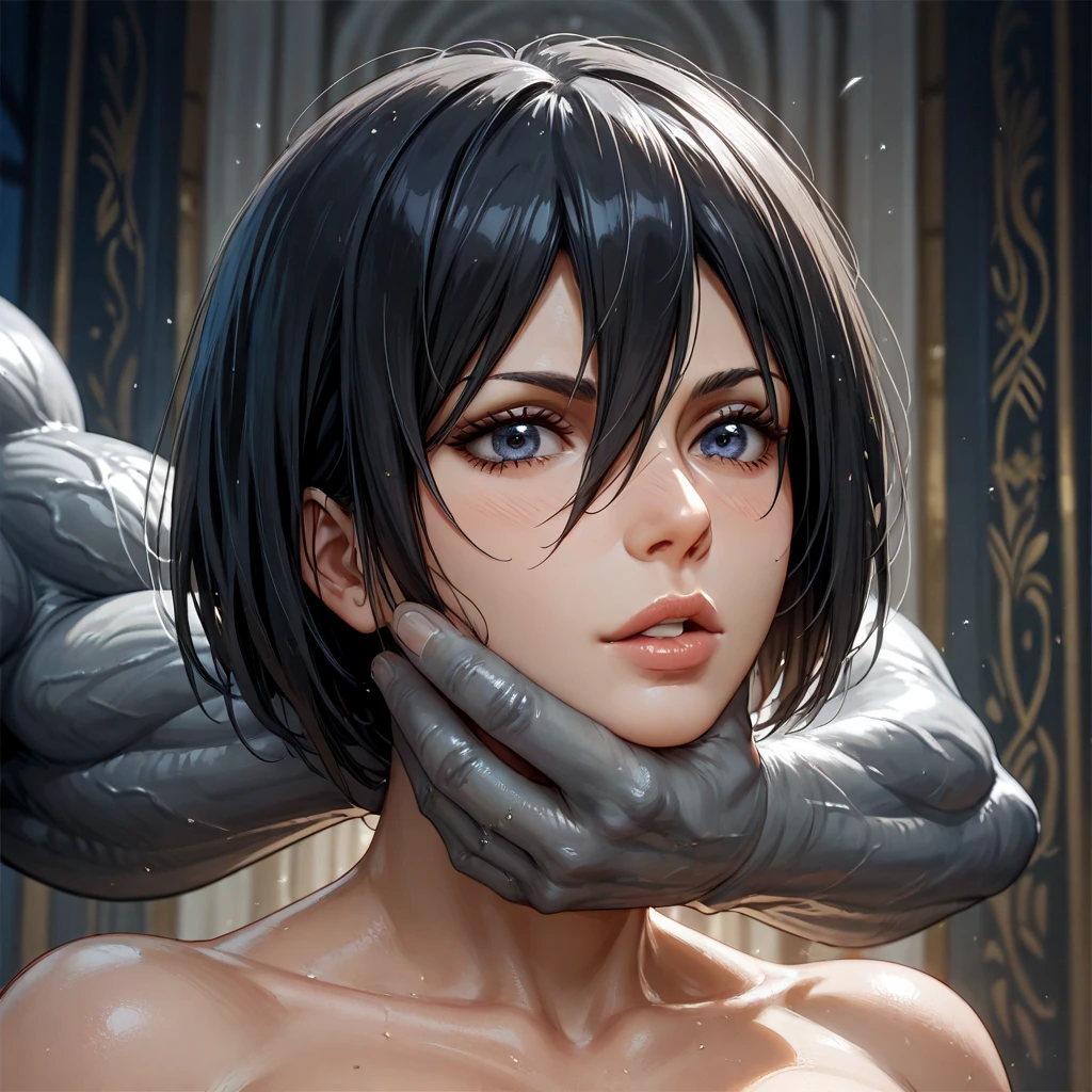 ((Sophie Marceau)), High school, brown short hair, big breasts, thick thighs, white panties, pulling panties up, skinny, (((she is brutally slapped in the face by a big penis:1.2))), (((hit in cheek))), (((woman body view:1.2))), ((panty))), (((women beaten by horse’s penises))), (((penis deformed by the violent impact:1.2)))