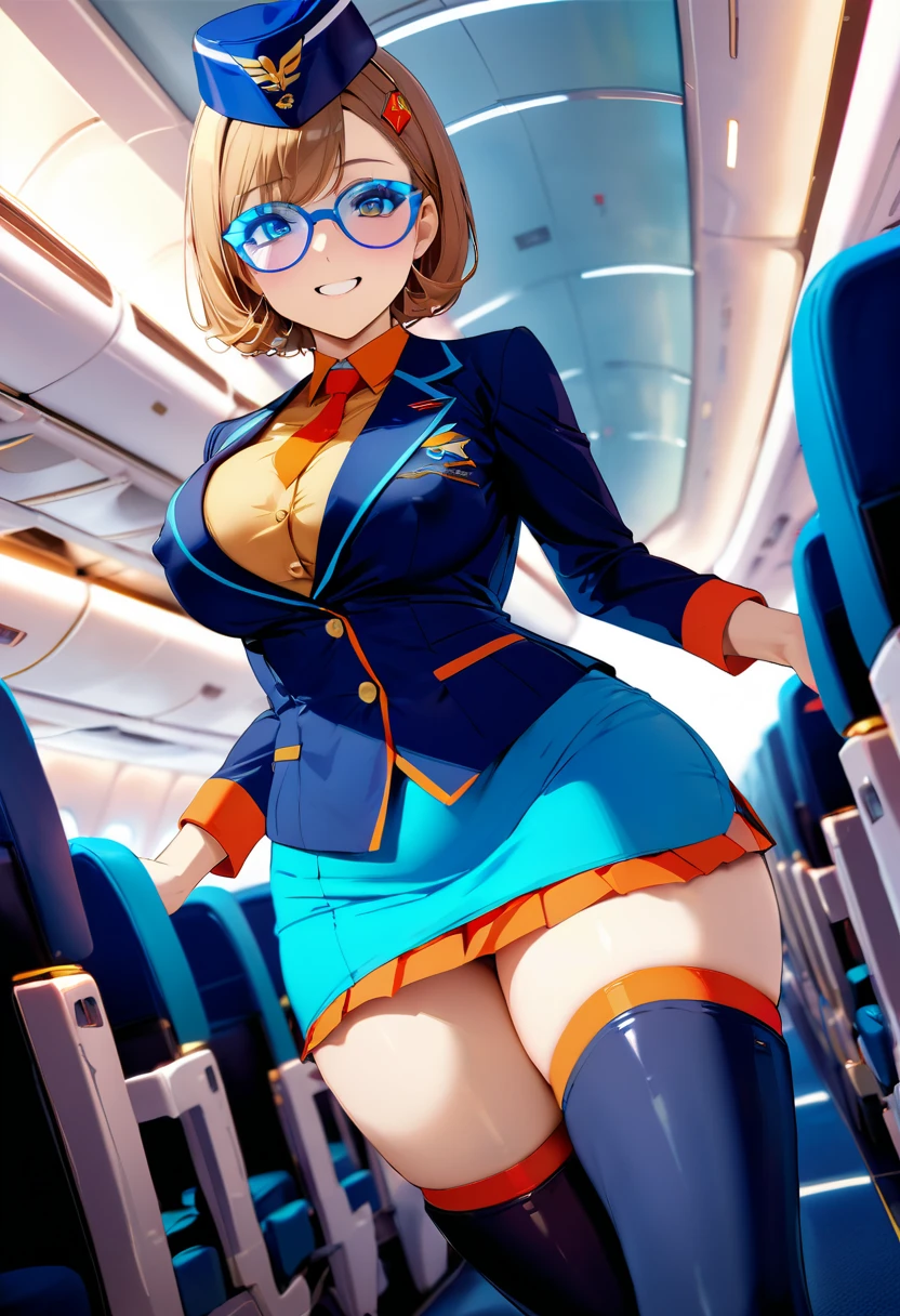 masterpiece,best quality,ultra detailed,8K,super fine illustration,highly detailed beautiful face and eyes,perfect anatomy,professional lighting,1 flight attendant,microskirt and boots uniform, big breast, covered nipples, ligth brown eyes, orange and blue dress, blue cap, galsses, smile,airplane interior,dynamic angle,depth of field,chromatic_aberration,masterpiece,best quality,very aesthetic,absurdres,newest,