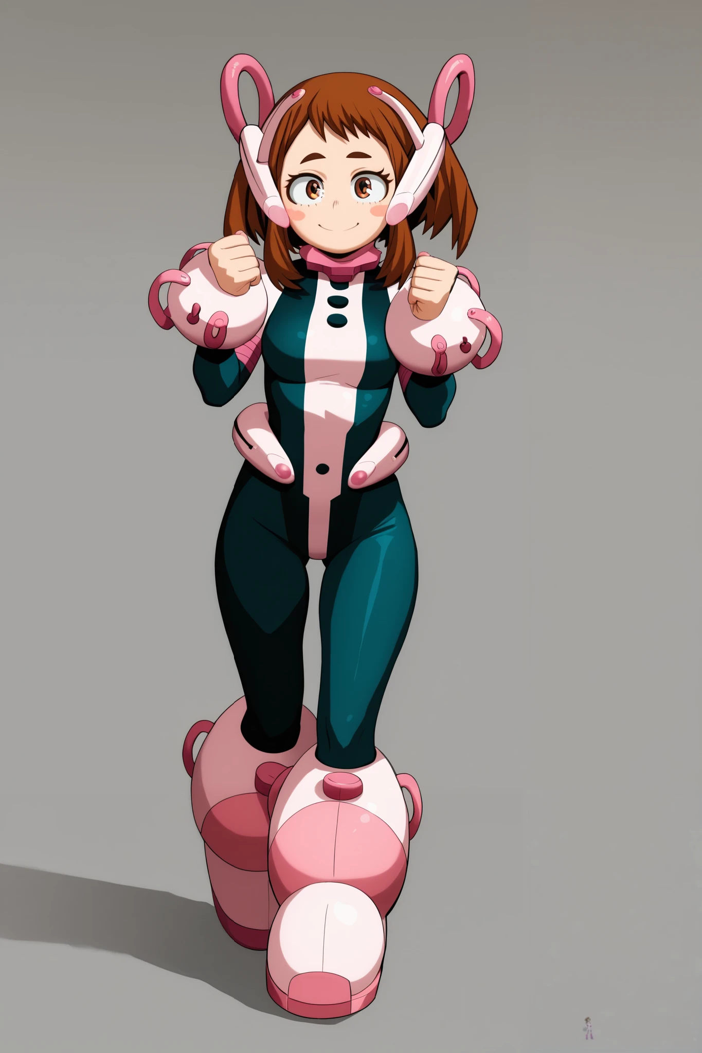 ((ochako uraraka)), ((masterpiece)), ((cartoon style)), ((full body)), {(attractive figure), (round face), (blushy cheeks), (brown hair), (brown eyes), (long eyelashes), (small eyebrows), (cute smile)}, {(hero costume), (bodysuit), (large pink boots)}, {(standing), (looking at view)}