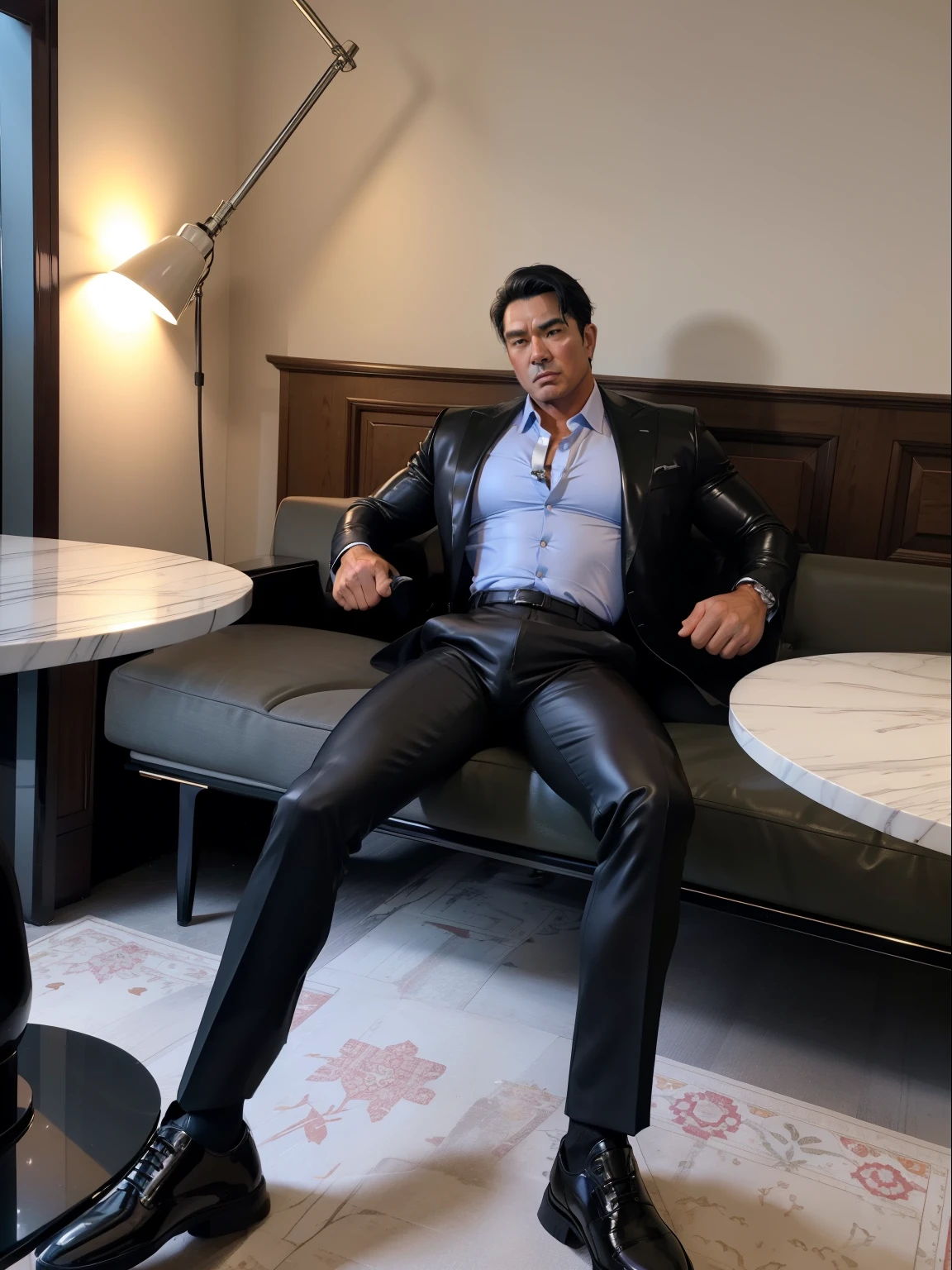 40 years old,Hidetoshi Nakata,(Kogoro Mori 1.3),whole body,Lean,muscle,office,boss,black,foot,Suit,transparent袜子,foot抬起,sofa,Baldhead ,transparent,Thick body hair,underwear,Topless,Densely hairy,Fortitude,HD,With a mustache