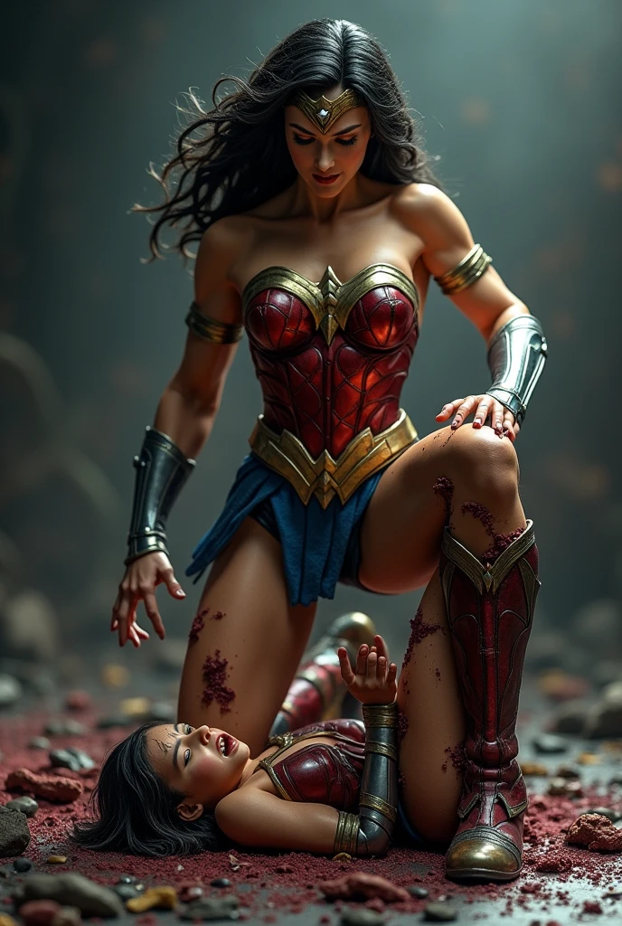 A very realistic depiction of Dol Gadot's Wonder Woman with little girl, eating watermelon, ((dry teardrops)),((background of destroyed city, fire, ((human corpses on the ground)), several people crying, destroyed buildings) ), holding a watermelon, (((he eats the watermelon ))), very detailed, dynamic colors, black and gray colors, super emotional picture, with a very dark background and surrounded by swirling dark smoke. The image should be in a beautiful 16:9 format.”