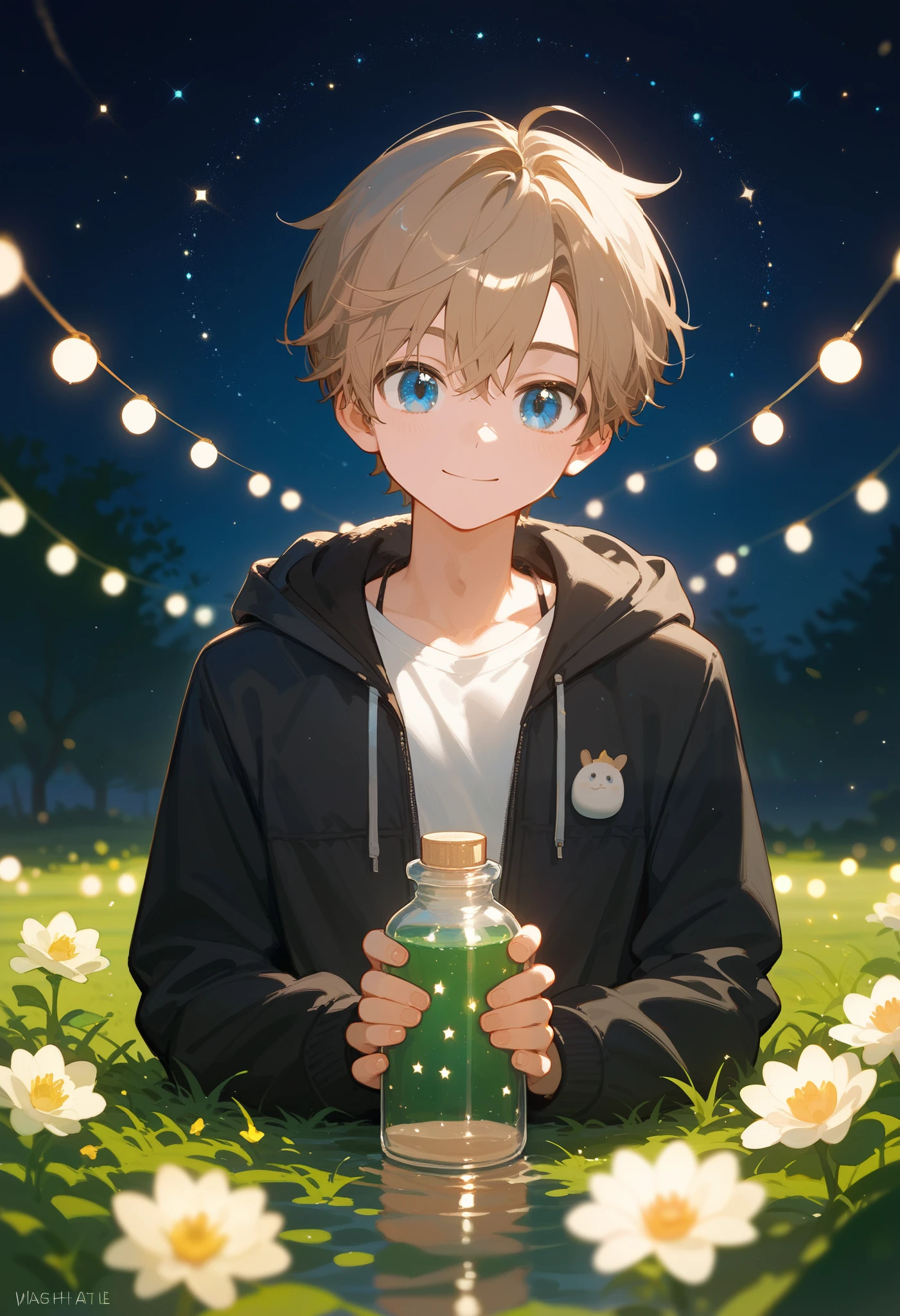  Beautiful Background , Northern Lights，  Best Quality Masterpiece ,   high detail ,   light brown hair  , Bangs,  1 Boy ， teenagers in the grass，   solo  ，  pretty face，  Starry Boy ，Wish Bottle ，quicksand， Brilliant Smile ， blue eyes 