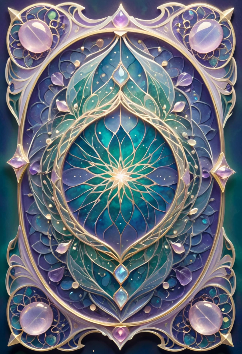 Five floating tarot cards arranged in a gentle arc, each with unique mystical backing designs. Art style: Detailed ornamental patterns with Art Nouveau influences, magical glow effects.

Card 1 - Sapphire Wisdom:
Deep blue background with intricate celestial patterns. Sapphire crystals emerging from corners, emanating soft blue light. Sacred geometry patterns in silver. Ethereal starlight effects.

Card 2 - Rose Quartz Heart:
Soft pink backing with flowing, romantic patterns. Rose quartz crystals pulsing with gentle pink light. Heart-shaped sacred geometry in gold. Warm, loving glow.

Card 3 - Amethyst Spirit:
Royal purple background with spiritual mandala patterns. Amethyst points creating crown-like formation. Mystical symbols in silver. Dream-like purple aura.

Card 4 - Emerald Nature:
Deep green backing with organic, vine-like patterns. Emerald crystals growing from edges. Nature-inspired sacred geometry in gold. Living, breathing green energy.

Card 5 - Moonstone Mystery:
Pearlescent white backing with flowing lunar patterns. Moonstone cabochons with rainbow sheen. Circular sacred geometry in silver. Ethereal moonlight glow.

Additional details:
- Each card appears to float
- Crystal elements seem three-dimensional
- Patterns shift subtly in the light
- Metallic accents in gold and silver
- Soft magical glow surrounds each card