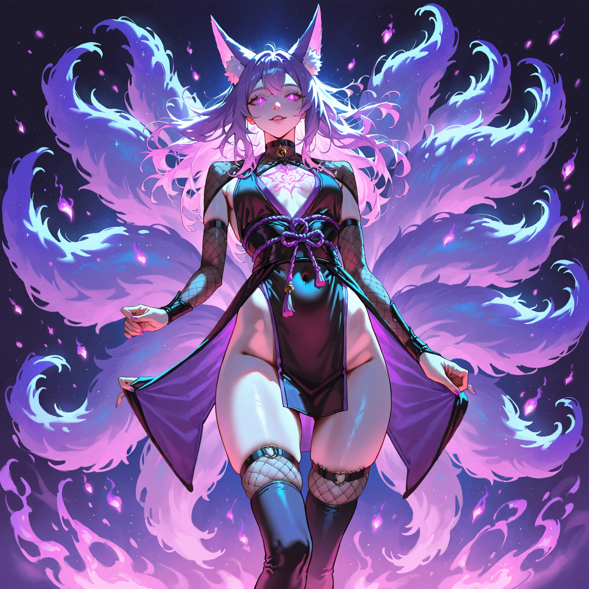 masterpiece, high quality, high resolution, 16K, super detailed background, Makoto Shinkai illustration, ultra realistic, digital painting, dark fantasy, one petite girl, 10years old, fox ears, black and purple hair, bright purple eyes, narrow vertical pupils, glowing eyes, fox ears and tail, 9 tails, black ninja costume, purple neon, long eyelashes, beautiful skin, super detailed skin, thin legs, fair skin, small breasts, shadowy pattern on skin,