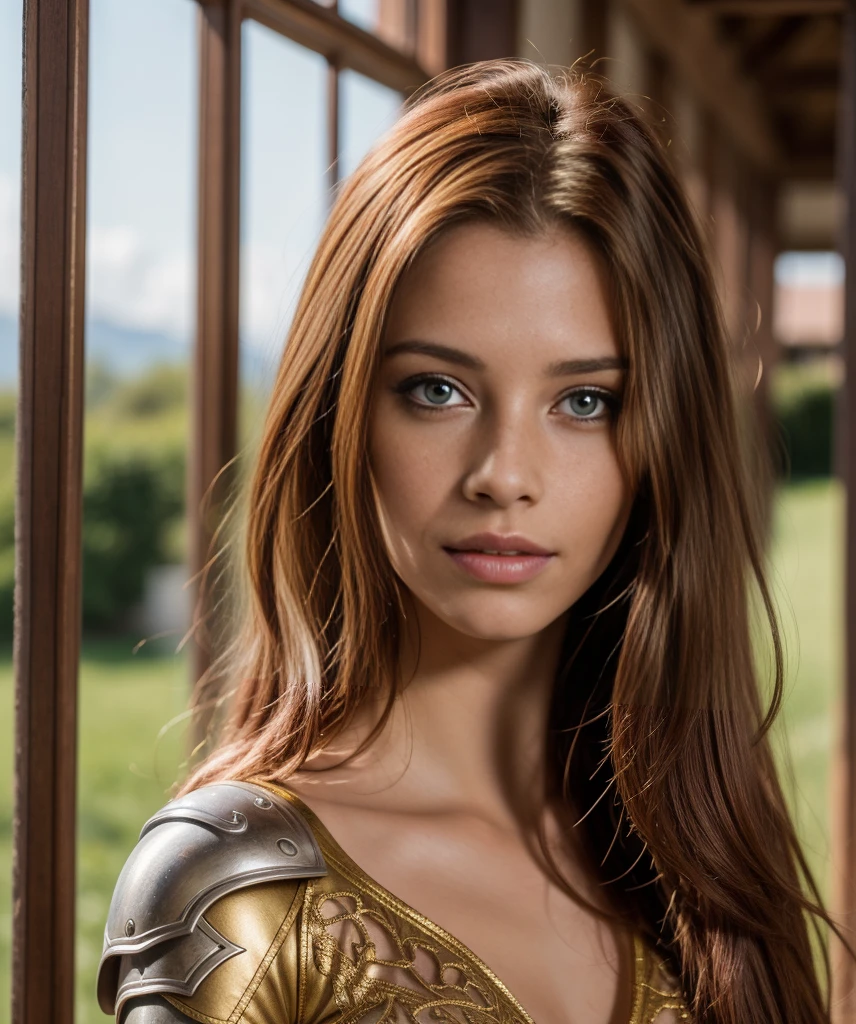 Masterpiece, a beautiful female elf knight (Piper Fawn) bright eyes, Brown hair, broad shoulders, strong body, high detail pale skin with light freckles, high detail filigree elf armor, outside, (skin texture:1.1), best quality, ultra high res, Raw photo, Nikon D850, backlight, rimlight, bright sunlight, film grain:1.2, (warm hue, warm tone:1.2), (color photo), fantasy landscape background, 