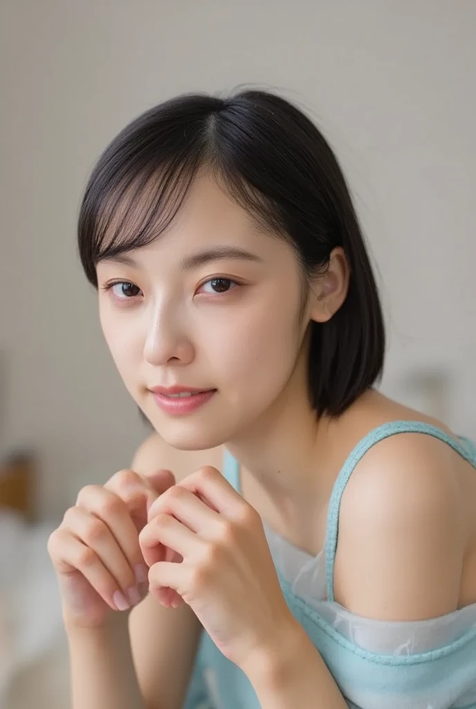 She is wearing off-the-shoulder pajamas, making a heart shape with her hands in front of her chest and smiling while taking a cute pose、 background is monotone
