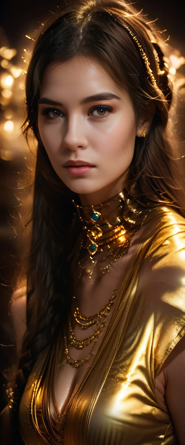 A beautiful young woman with long dark hair, wearing a tight red silk dress with a deep neckline, poses in a soft golden-red light. Her skin gently glows, her lips slightly open, her gaze deep and alluring. The light reflections in her eyes resemble the fiery glow of tiger eyes. The atmosphere is filled with warm, luxurious energy: blurred silk draperies in the background, a hint of oriental ornaments, scattered gold coins. The surroundings create the feeling of a mysterious evening extravaganza, temptation and excitement intertwine, as if promising hidden treasures. High detail, realism, 4K.