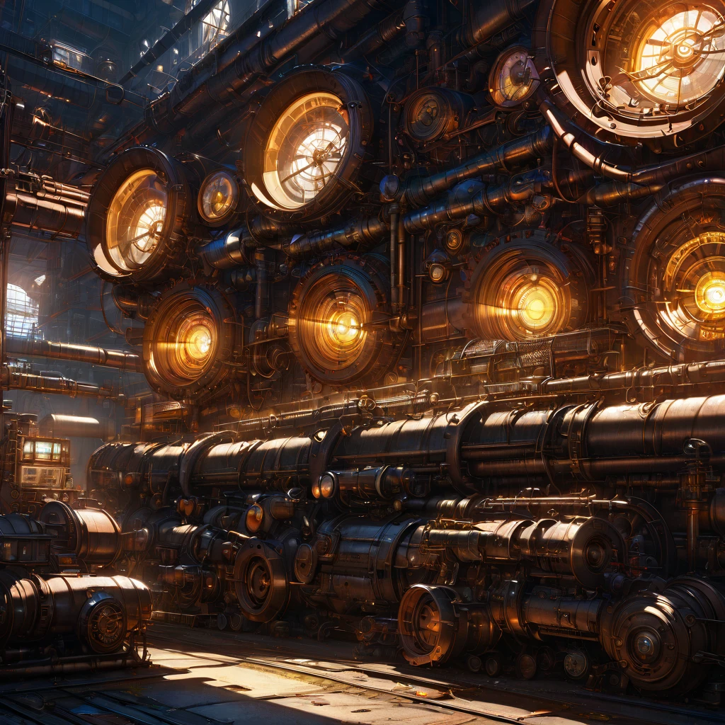 industrial area where the near future and the past come together, with exposed piping, machinery, machine parts, steampunk, dieselpunk, and clockpunk worldview, and brilliantly colored LED lighting,  another dimension, effective effects, bold and dynamic, contrasts of light and shadow, 2.5D, artistic photography, hyper realistic, ultra detailed, absolutely resolution, masterpiece