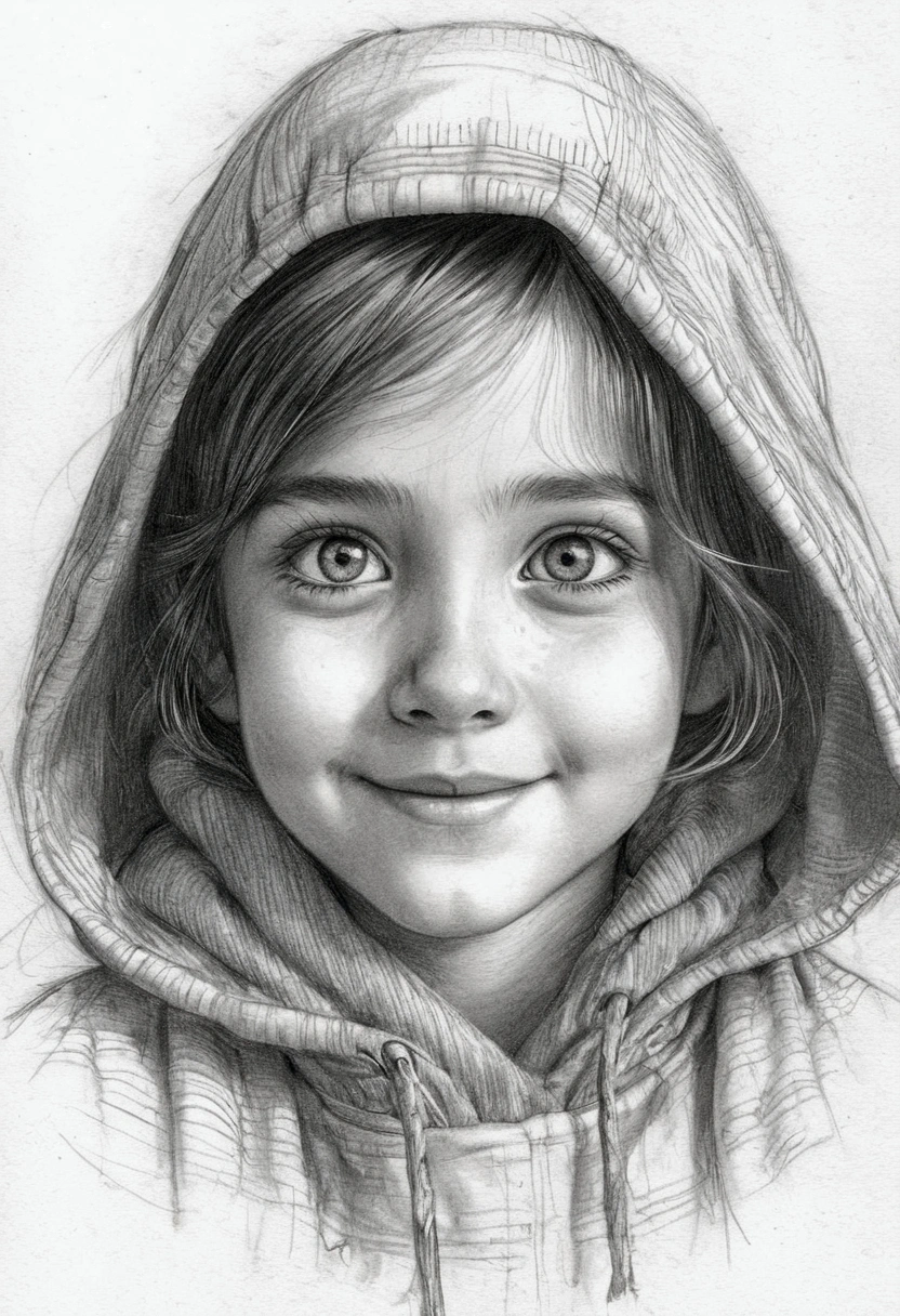 A heartwarming pencil sketch of a  with big, sparkling eyes and a shy smile. The focus is on the bust, with soft, flowing lines and subtle shading. The sketch has a warm and nostalgic feel, capturing the innocence and beauty of hood