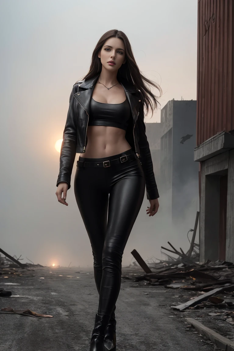 beautiful young sexy sensual steampunk woman long straight brown hair woman tall muscular body long shapely thighs full breasts black leather pants, black leather jacket gray t-shirt, black long leather boots walking in an abandoned ruined street sunset thick fog depressive mood dull colors